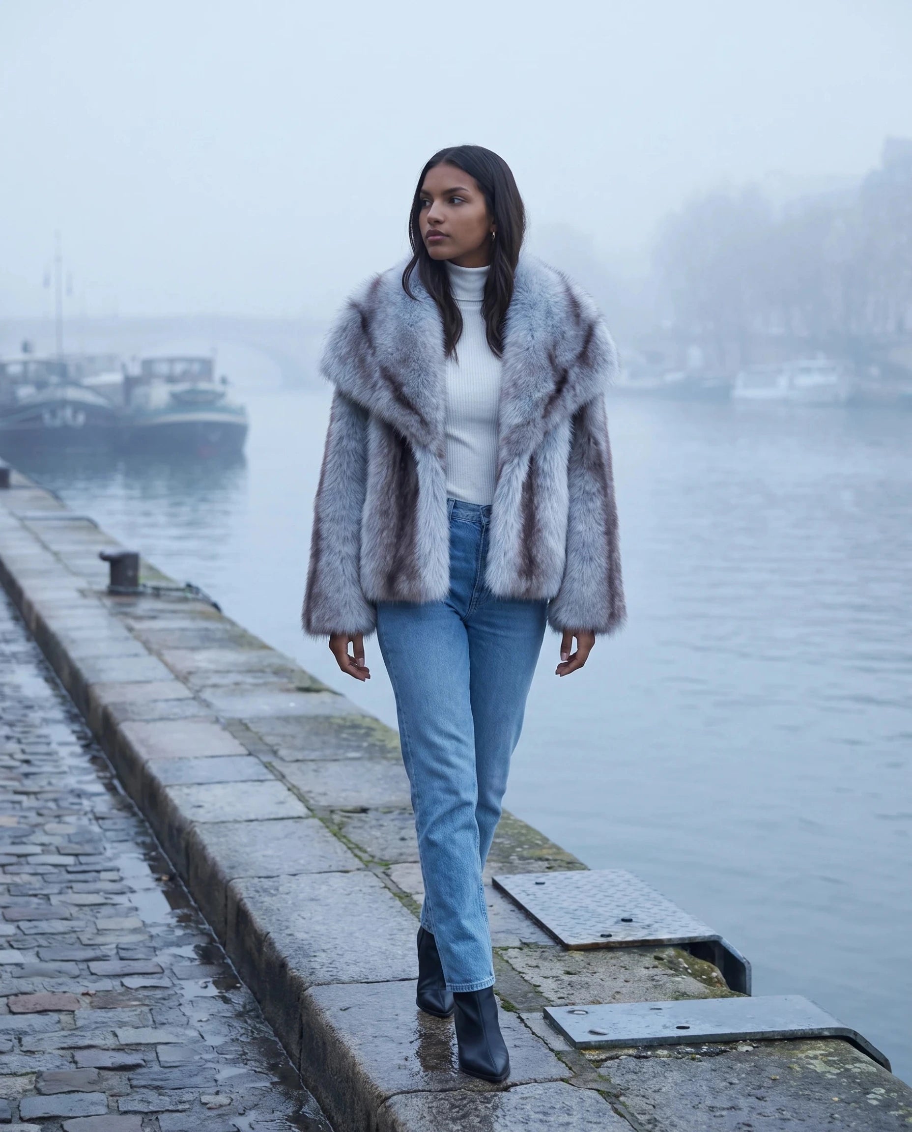 Veste fausse fourrure gris givré Nine, portée sur un quai dans la brume