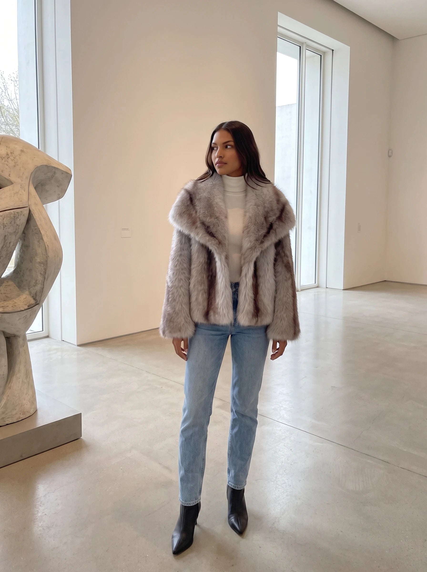 Veste fausse fourrure gris givré Nine, portée dans une galerie d'art lumineuse