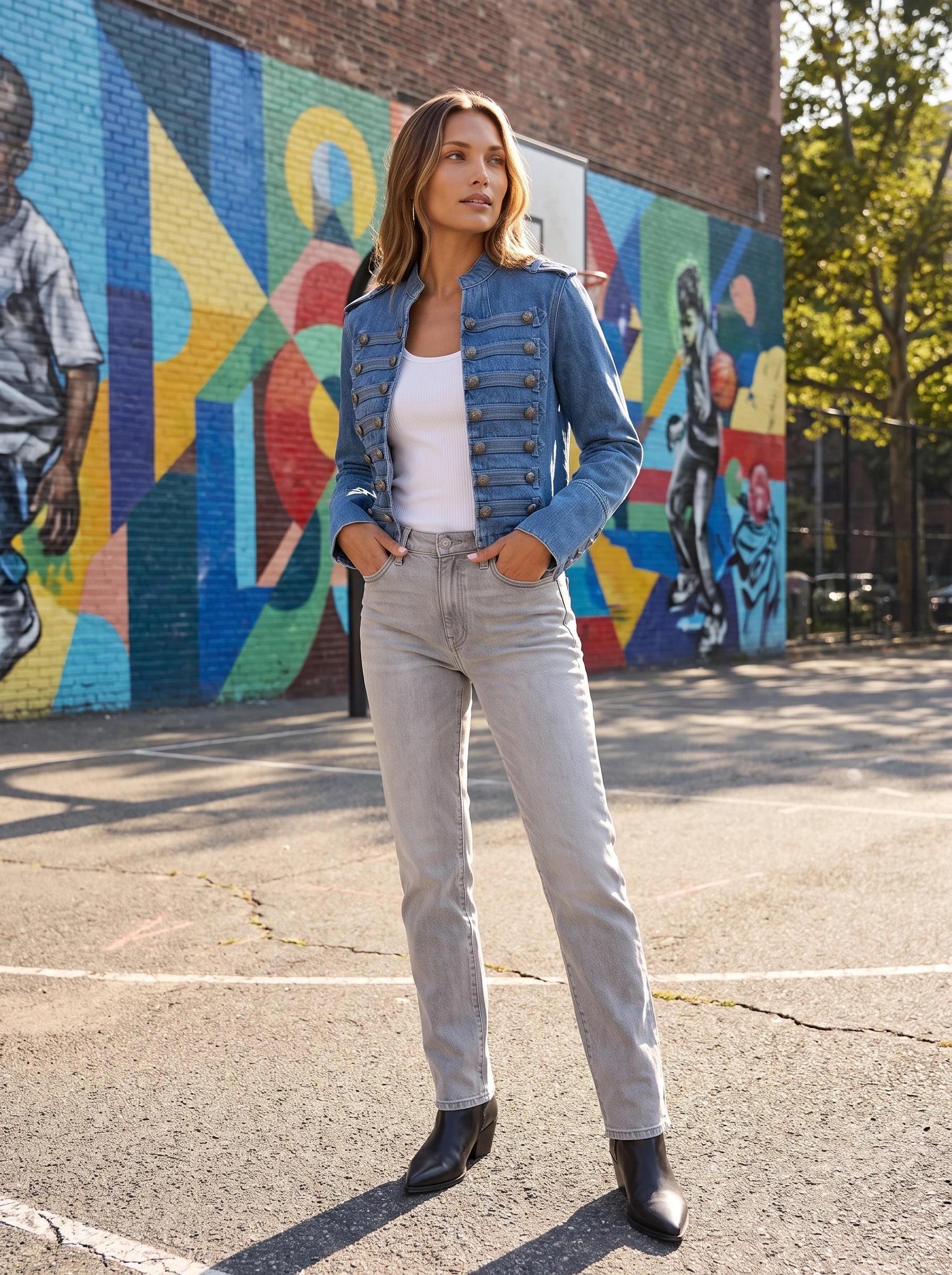 Veste en jean officier bleu denim Rosemonde, portée devant une fresque murale colorée