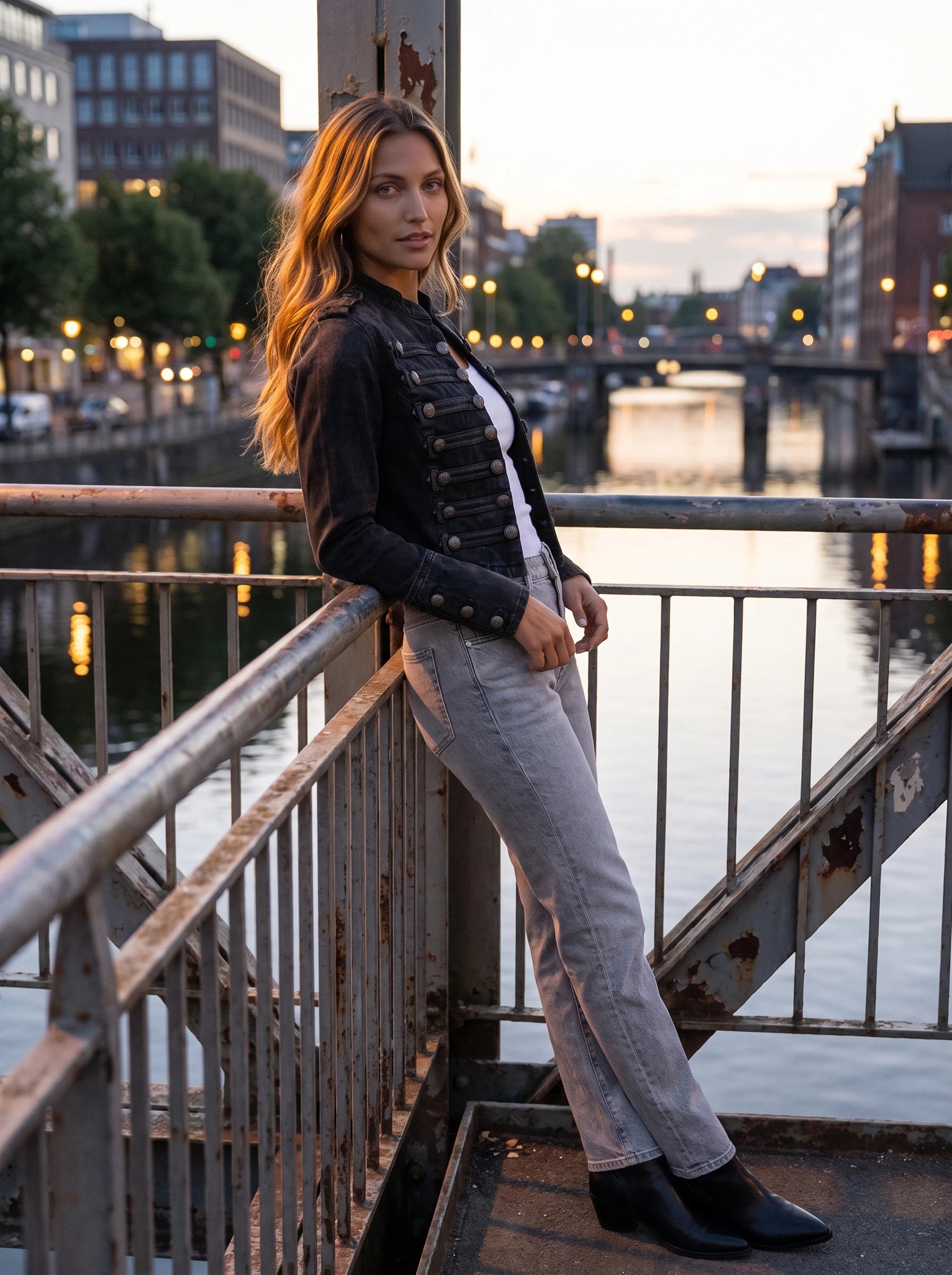Veste en jean officier noir délavé Rosemonde, portée sur une passerelle au-dessus d'un canal au crépuscule