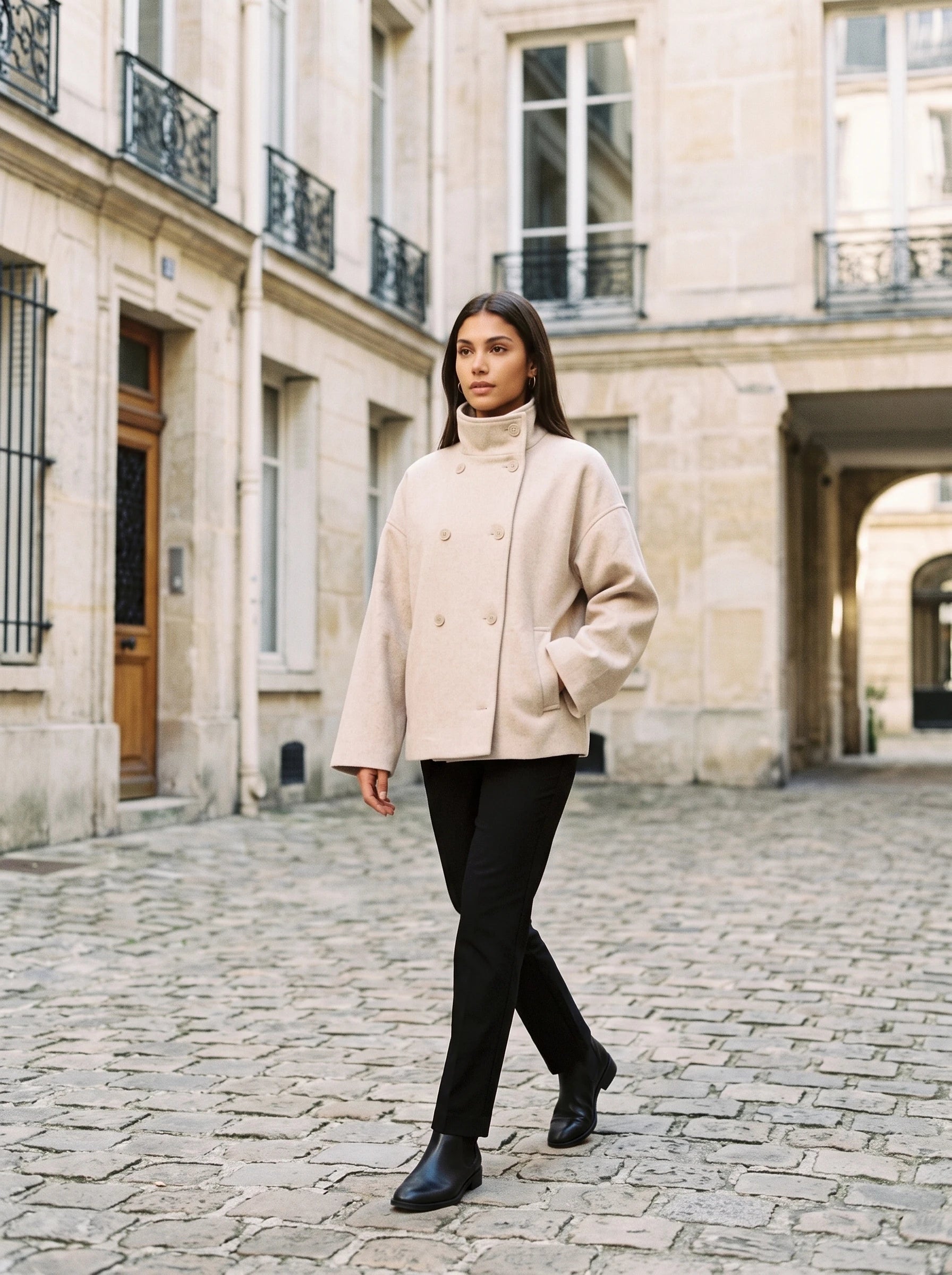 Veste en lainage beige Rosalinde, portée dans une cour pavée parisienne