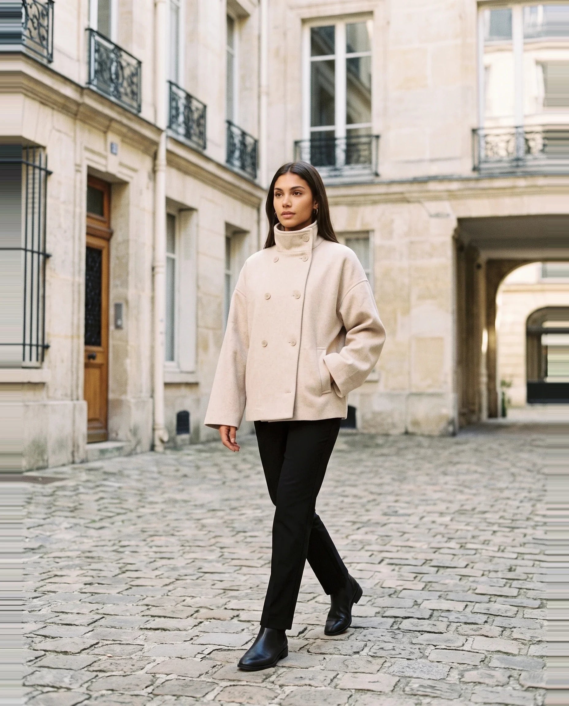 Veste en lainage beige Rosalinde, portée dans une cour pavée parisienne