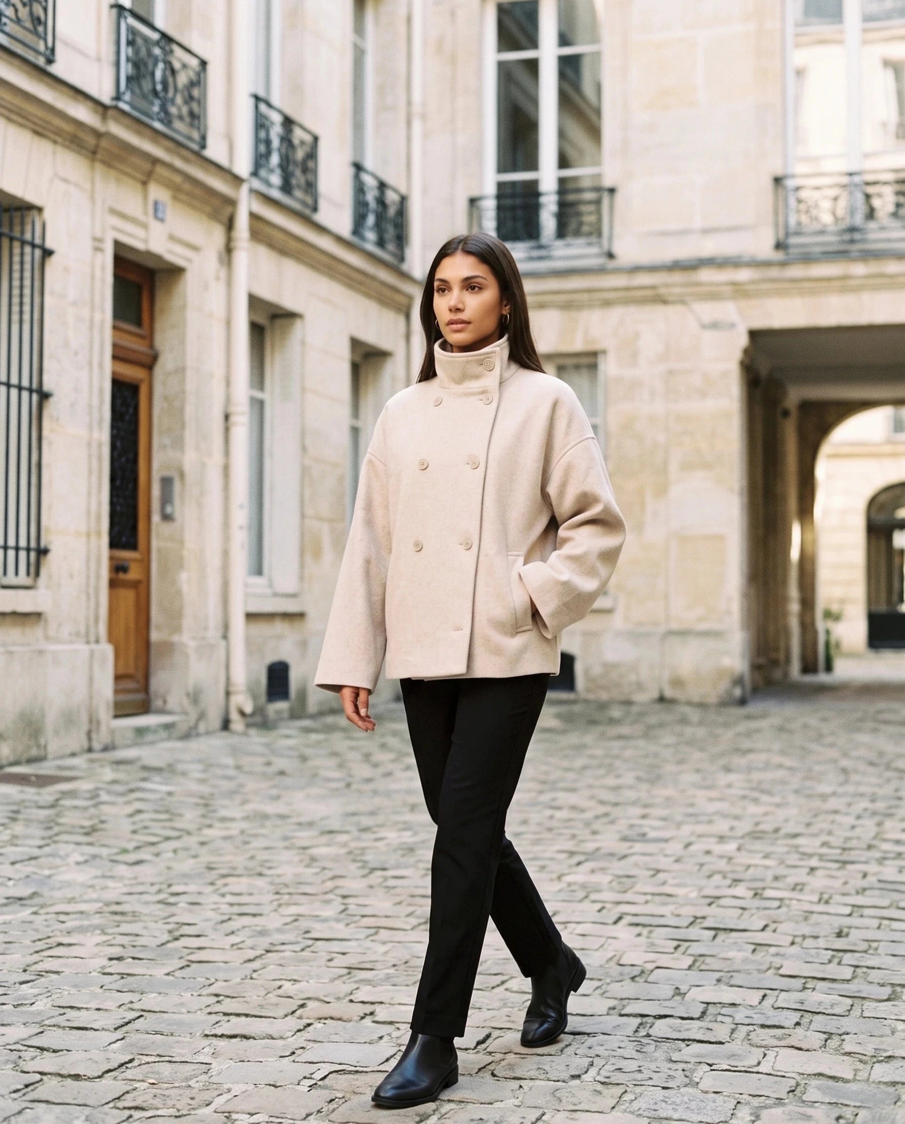 Veste en lainage beige Rosalinde, portée dans une cour pavée parisienne