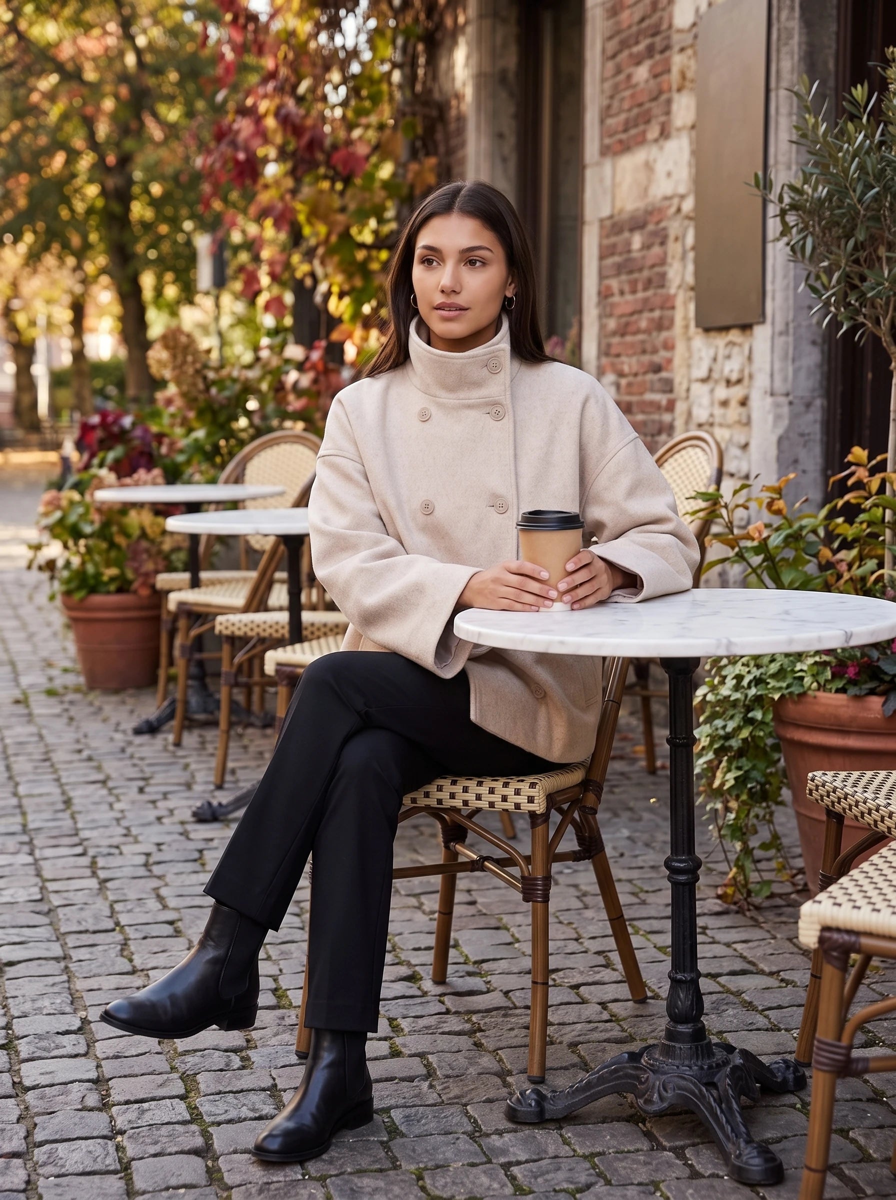 Veste en lainage beige Rosalinde, portée en terrasse de café à l'automne
