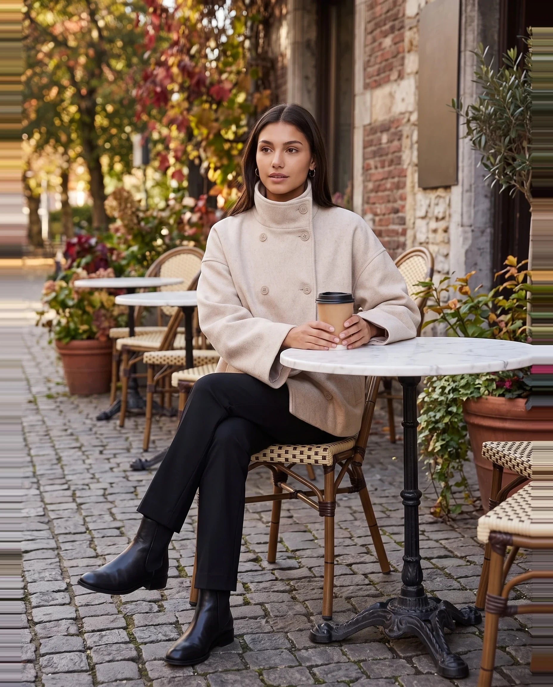 Veste en lainage beige Rosalinde, portée en terrasse de café à l'automne