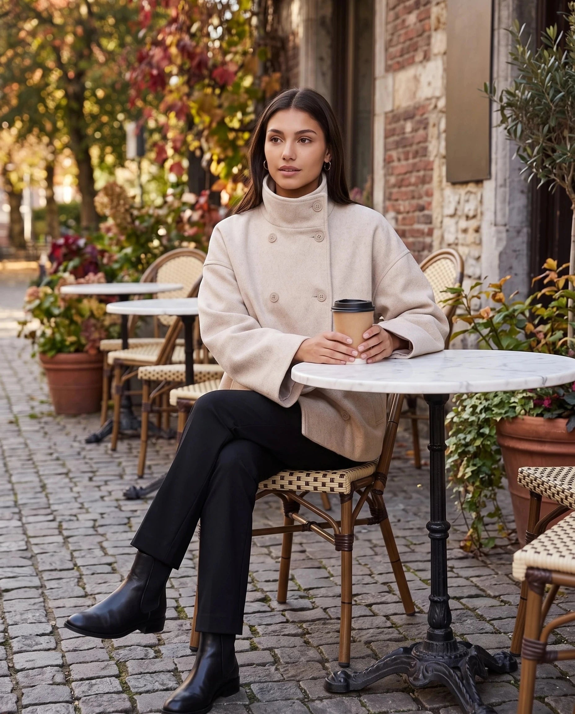 Veste en lainage beige Rosalinde, portée en terrasse de café à l'automne
