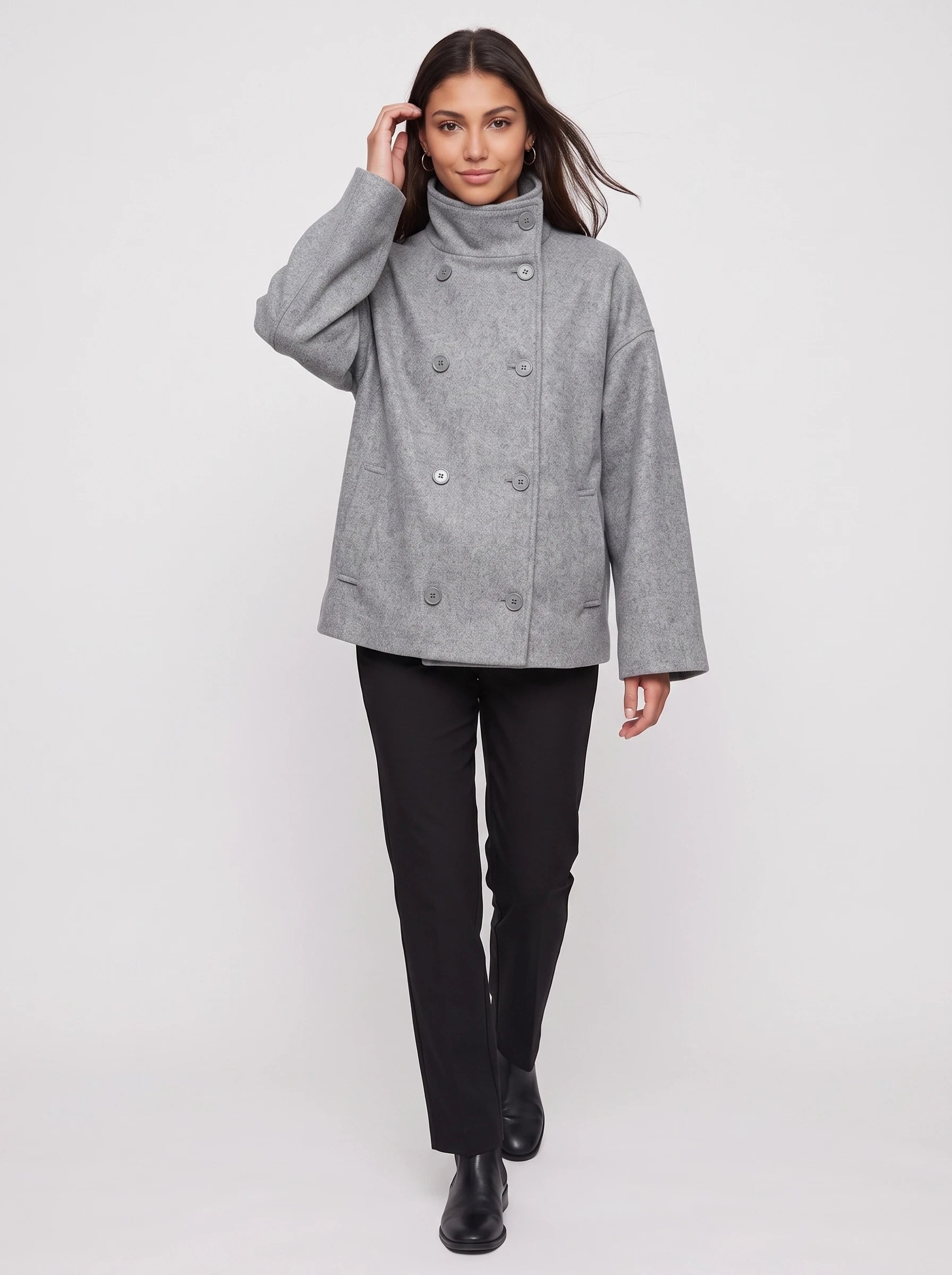 Veste courte en lainage gris chiné Rosalinde, vue de face en studio
