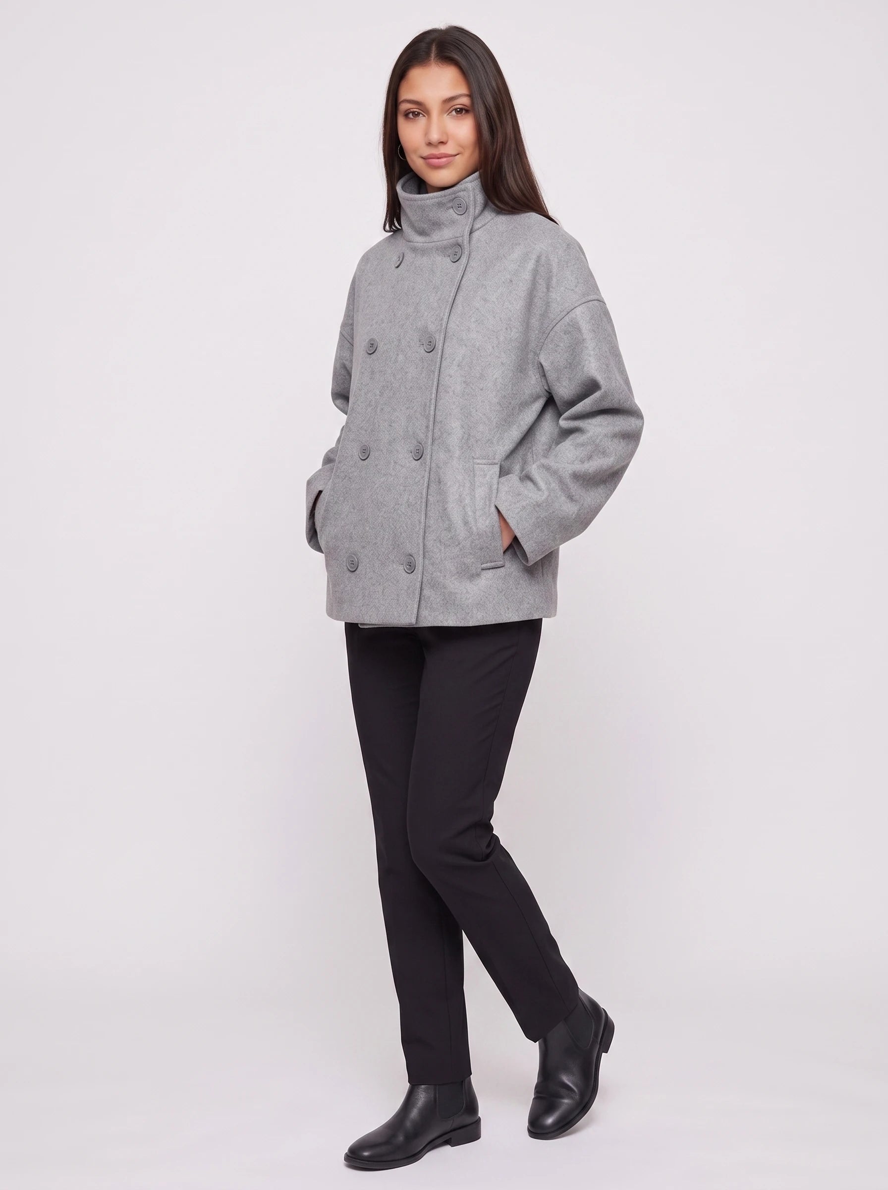 Veste en lainage gris chiné Rosalinde, vue de trois quarts en studio