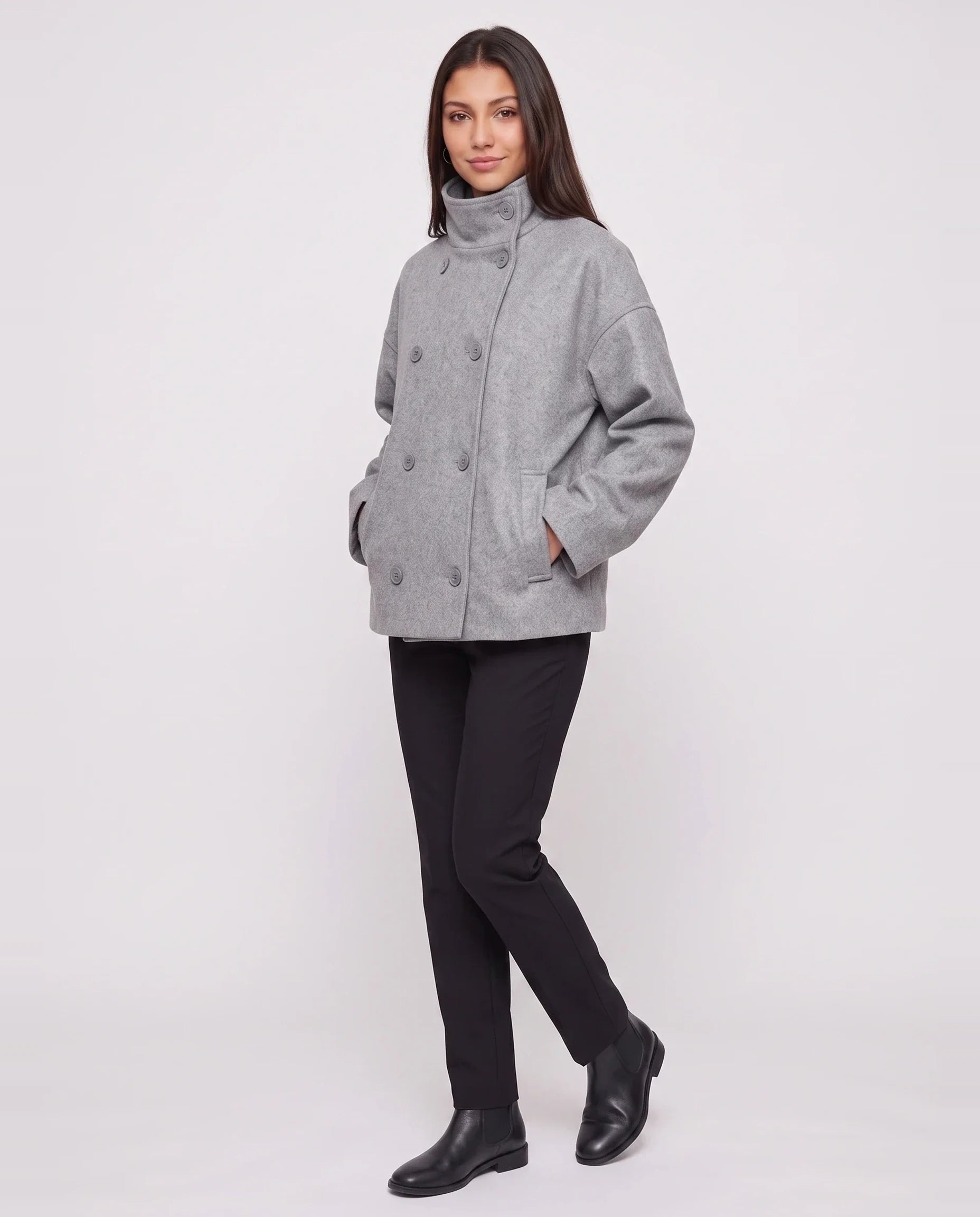 Veste en lainage gris chiné Rosalinde, vue de trois quarts en studio