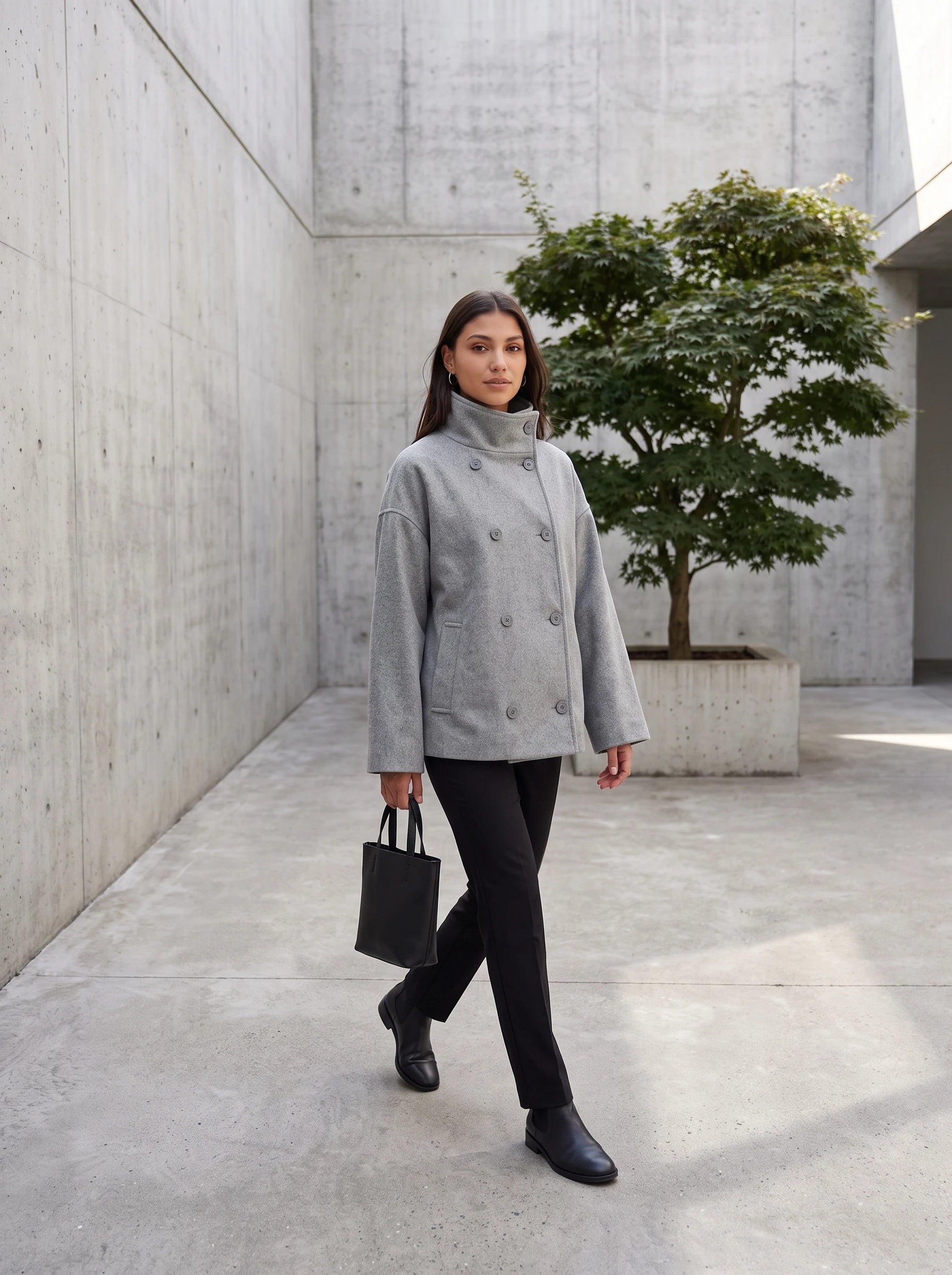 Veste en lainage gris chiné Rosalinde, portée dans une cour minimaliste