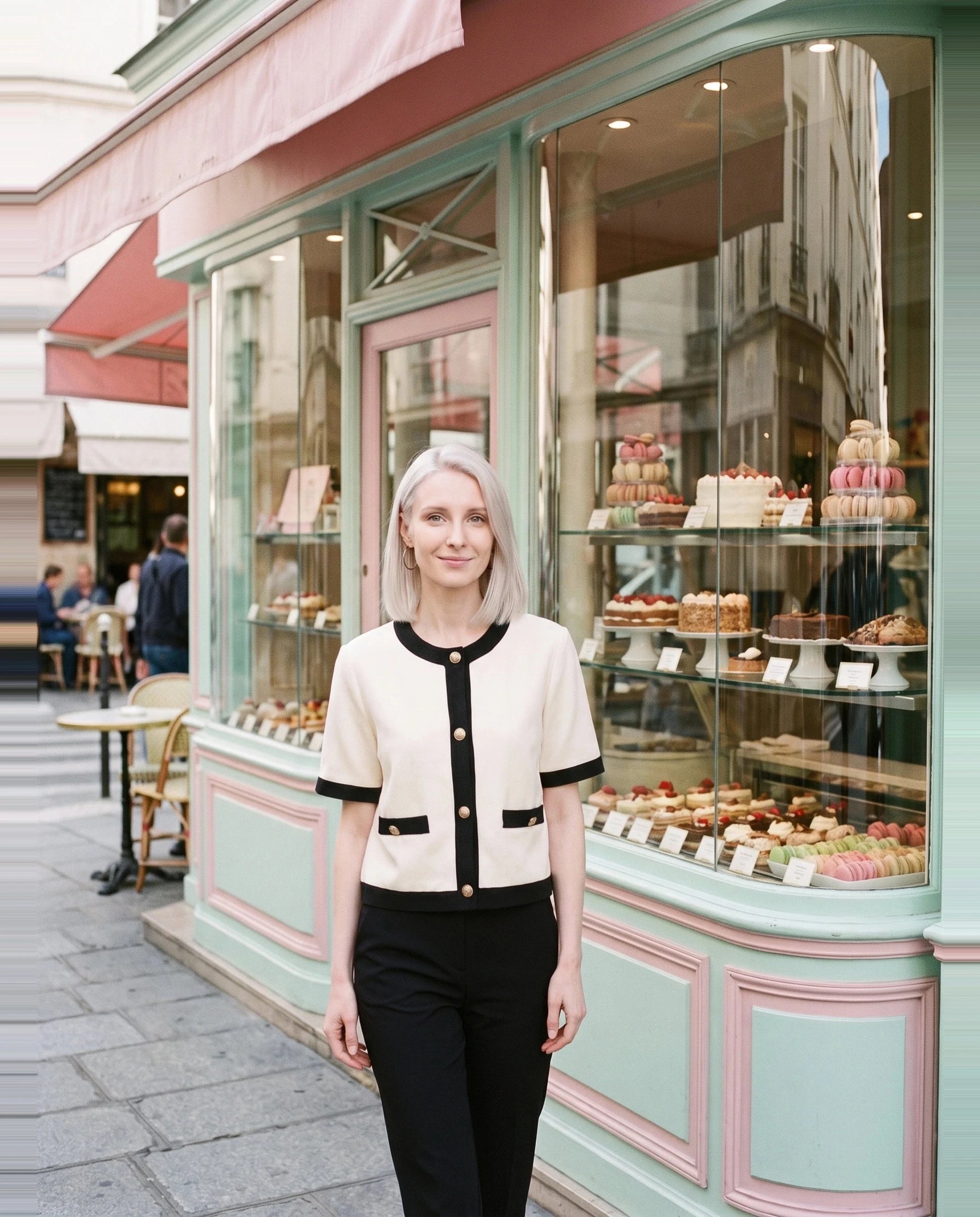Veste écru à liserés noirs Réjane, portée devant une pâtisserie parisienne