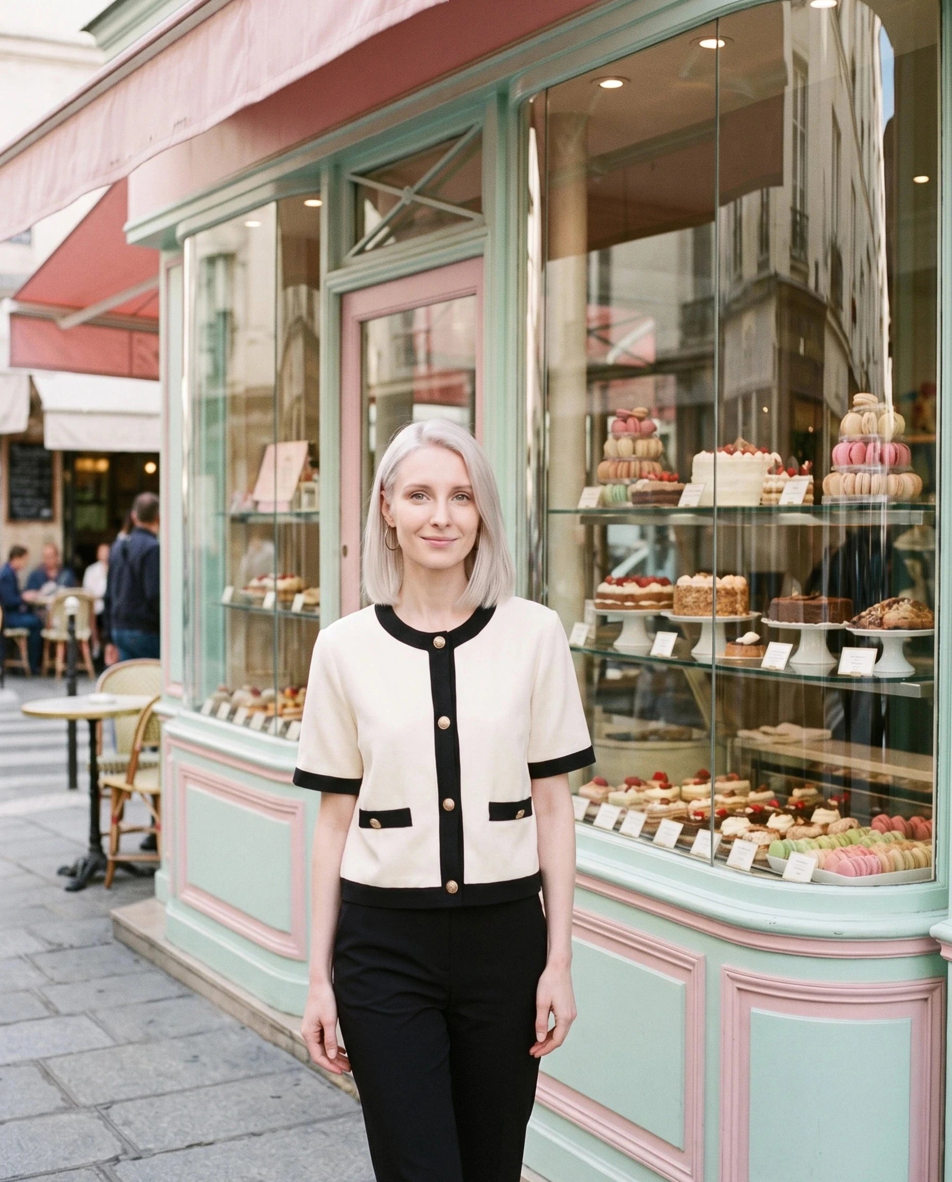 Veste écru à liserés noirs Réjane, portée devant une pâtisserie parisienne