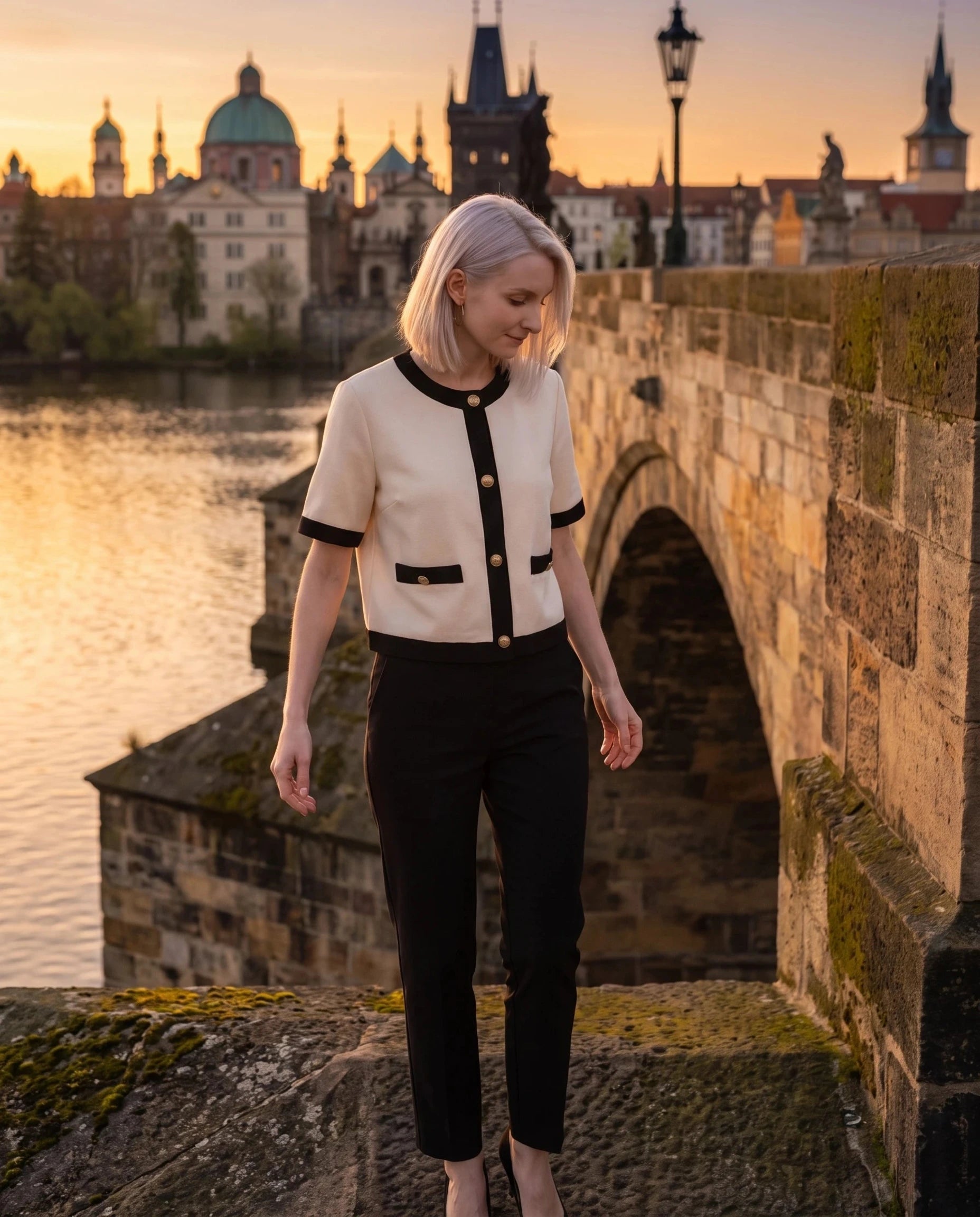 Veste écru à liserés noirs Réjane, portée sur un pont en pierre à l'heure dorée