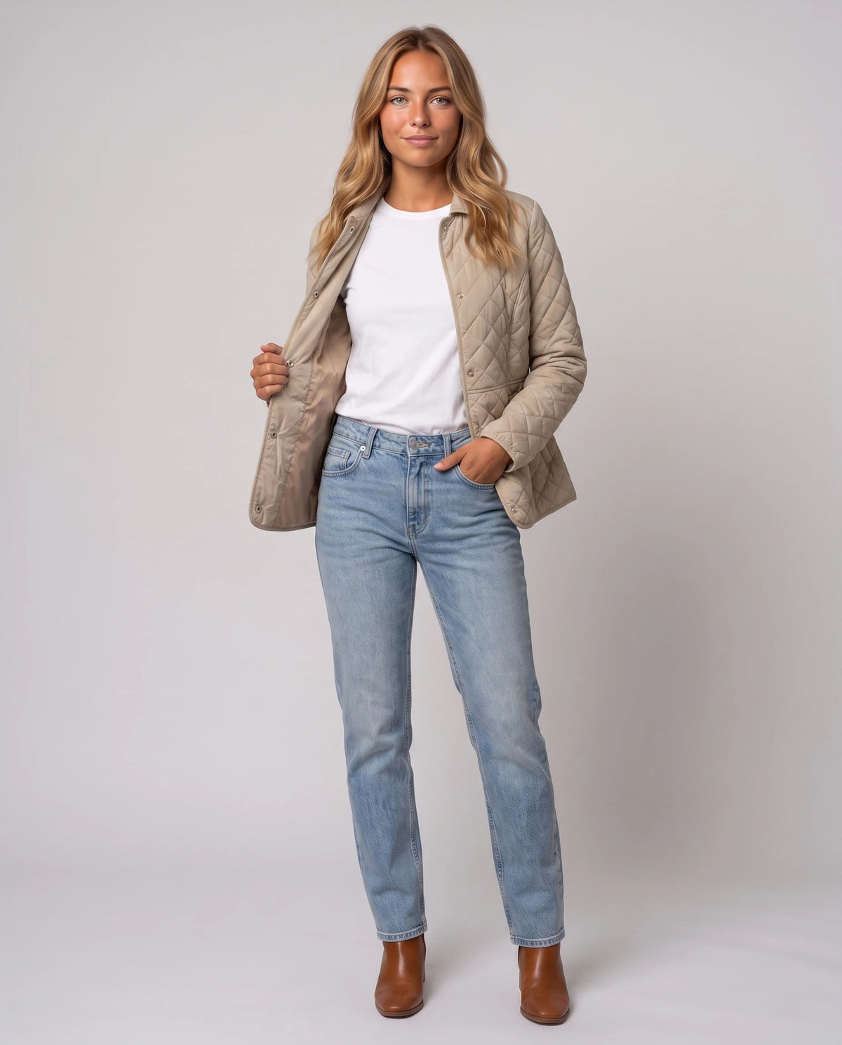 Veste matelassée à col chemise Ayla en Beige, portée ouverte sur un t-shirt blanc