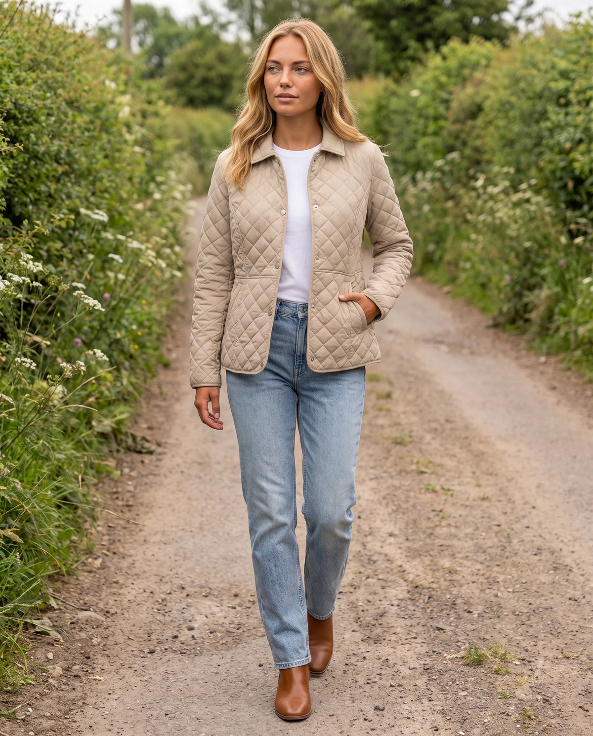 Veste matelassée à col chemise Ayla en Beige, portée sur un chemin de campagne bordé de haies