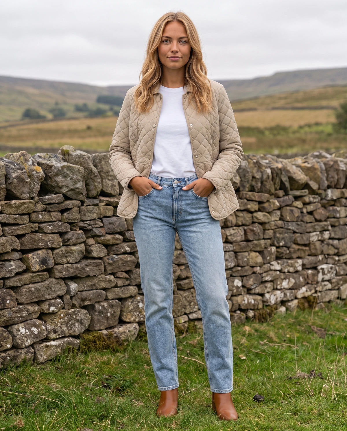 Veste matelassée à col chemise Ayla en Beige, portée devant un mur de pierre sèche, portée ouverte