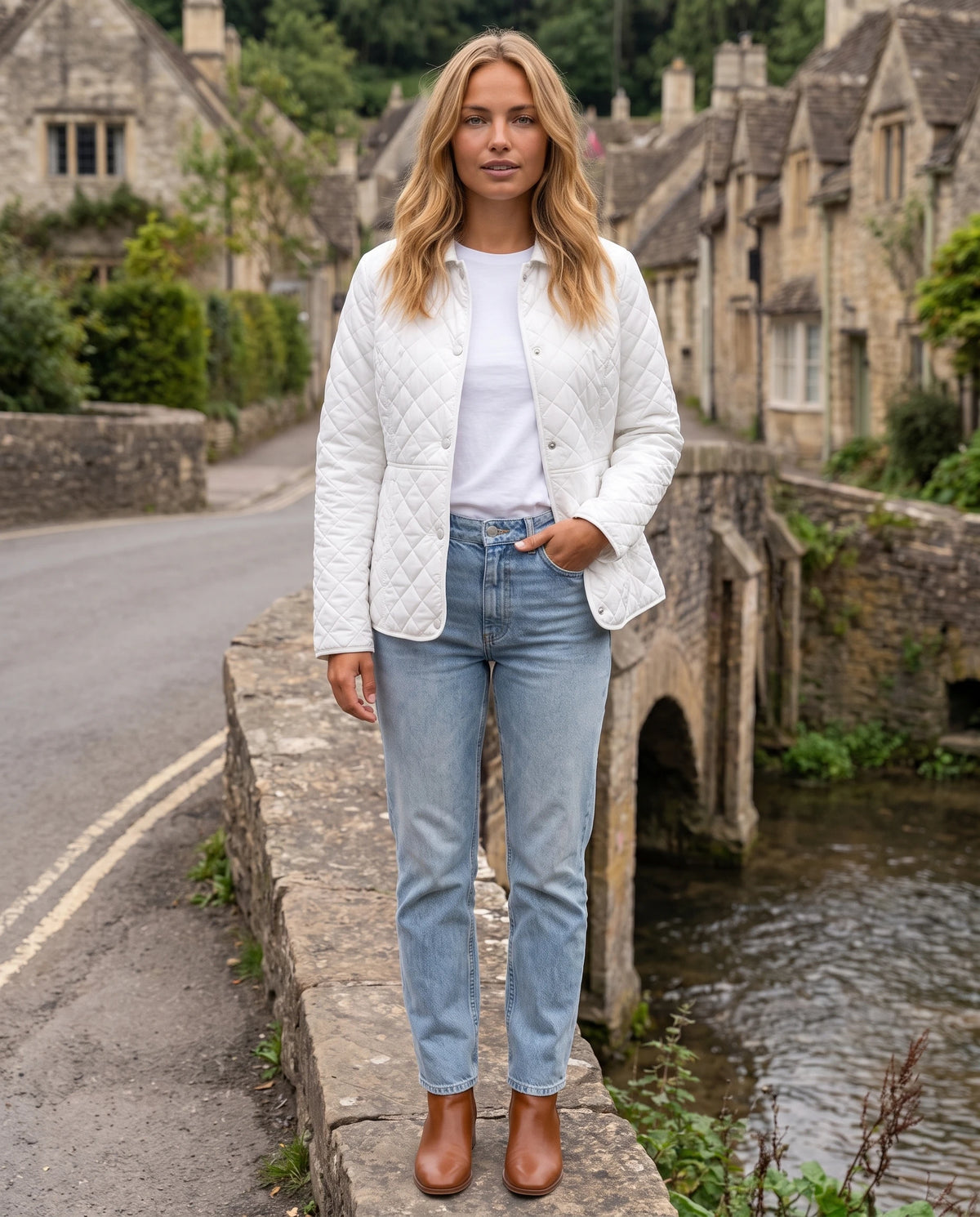 Veste matelassée à col chemise Ayla en Blanc, portée sur un pont de pierre de village, portée ouverte