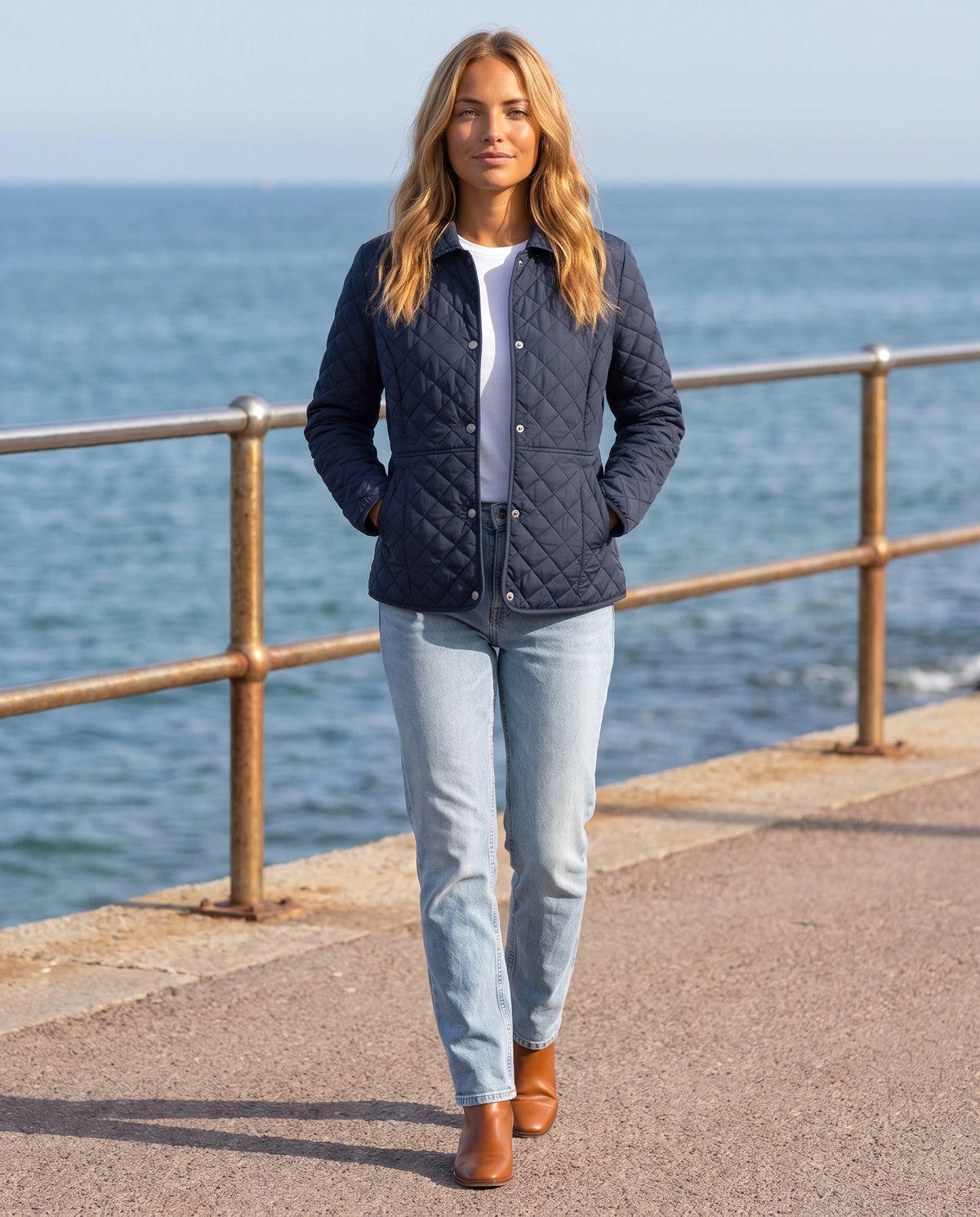 Veste matelassée à col chemise Ayla en Bleu Marine, portée sur une promenade de bord de mer