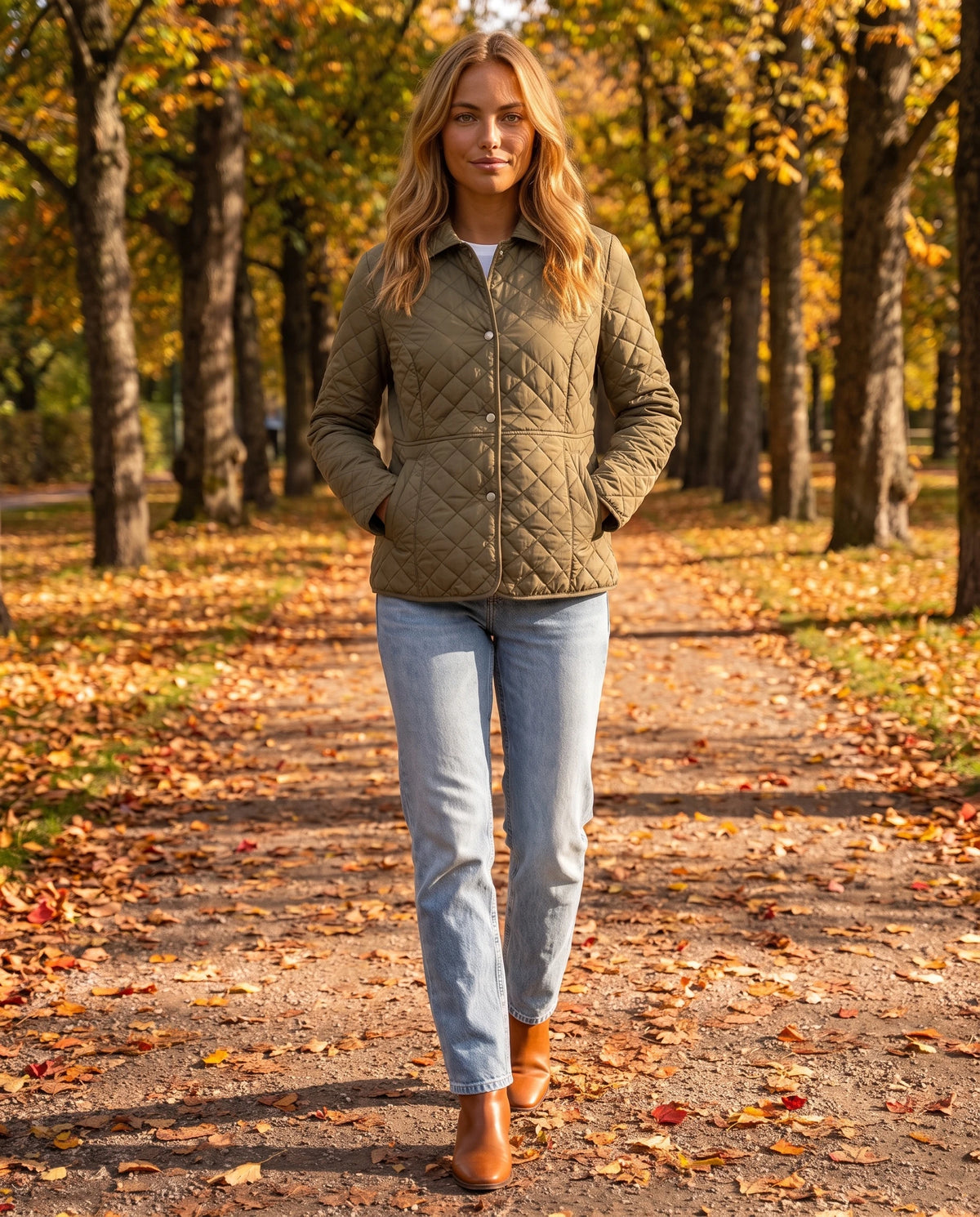 Veste matelassée à col chemise Ayla en Kaki, portée dans une allée de parc en automne