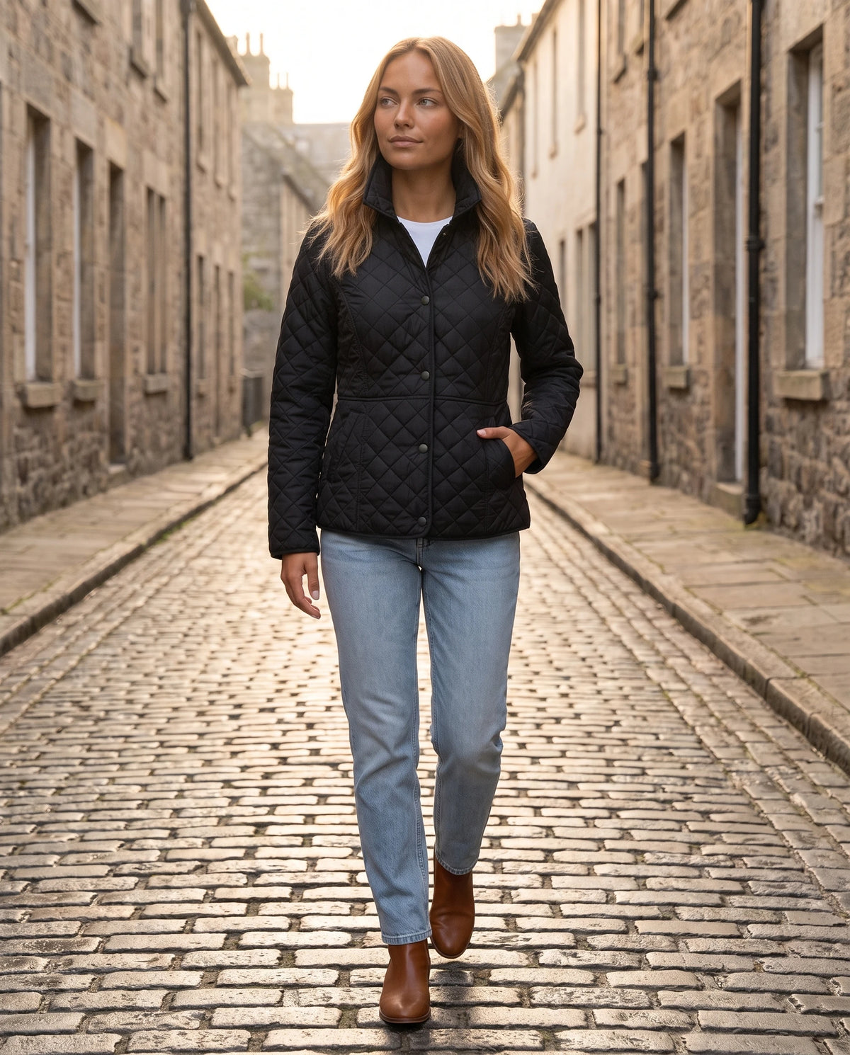Veste matelassée à col chemise Ayla en Noir, portée dans une rue pavée au petit matin, col relevé