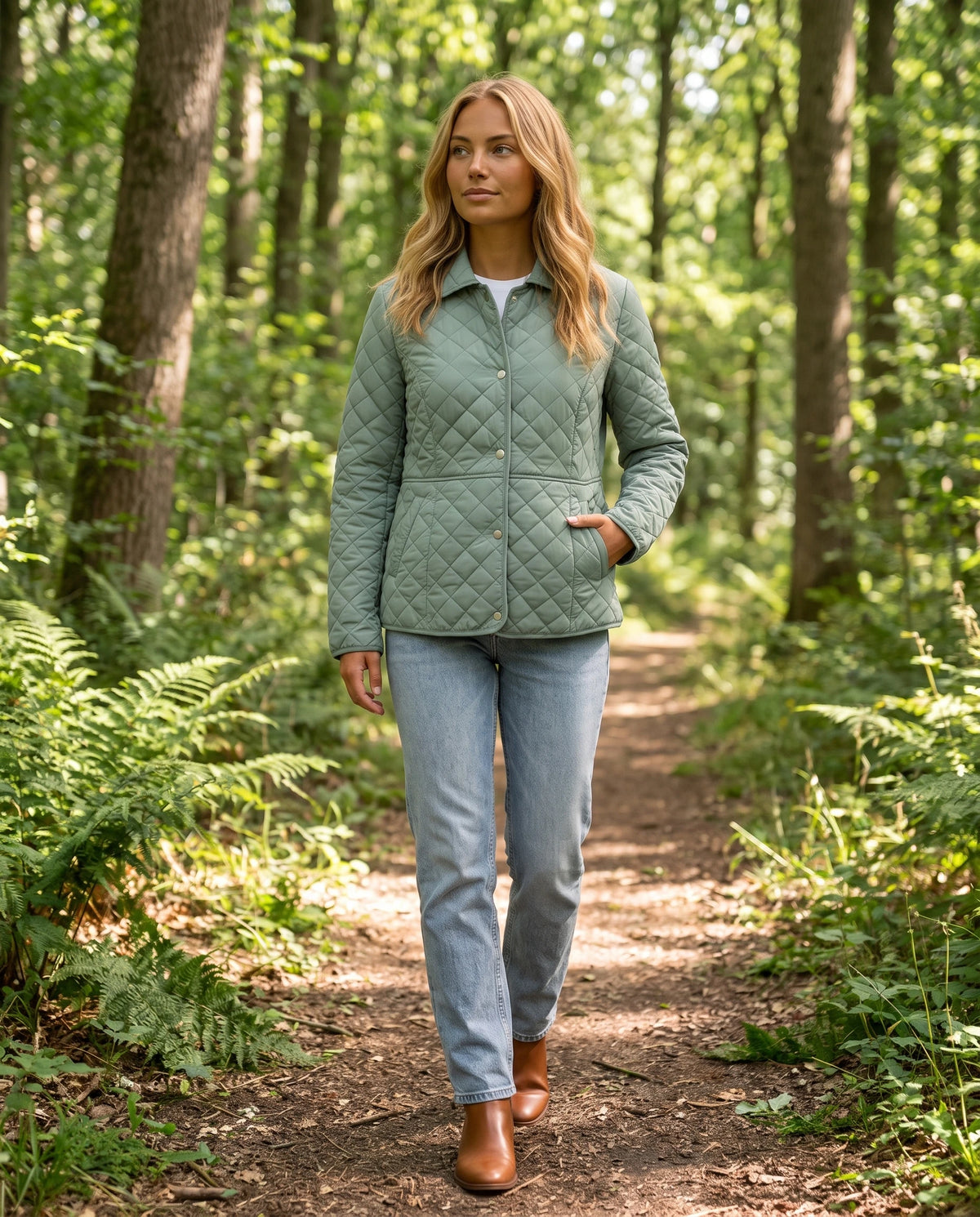 Veste matelassée à col chemise Ayla en Vert Sauge, portée sur un sentier de sous-bois aux fougères