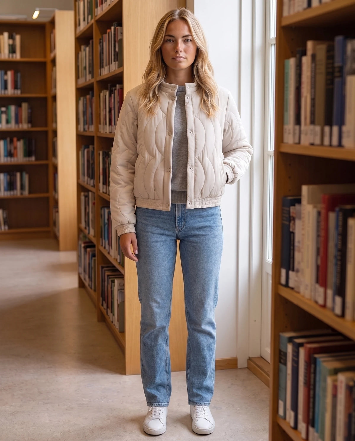 Veste matelassée col montant à pressions Julie en Beige, portée dans une bibliothèque aux étagères de bois