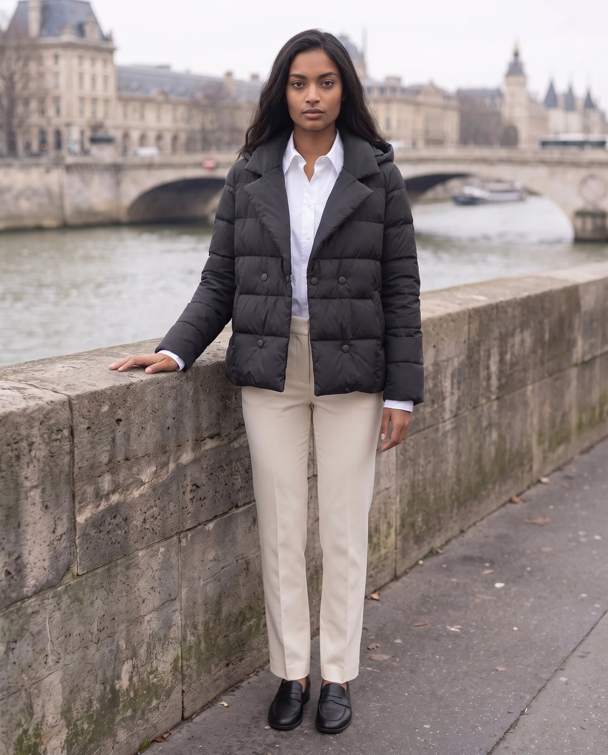 Veste matelassée courte col tailleur Agnès en Noir, portée sur un quai de Seine, portée ouverte