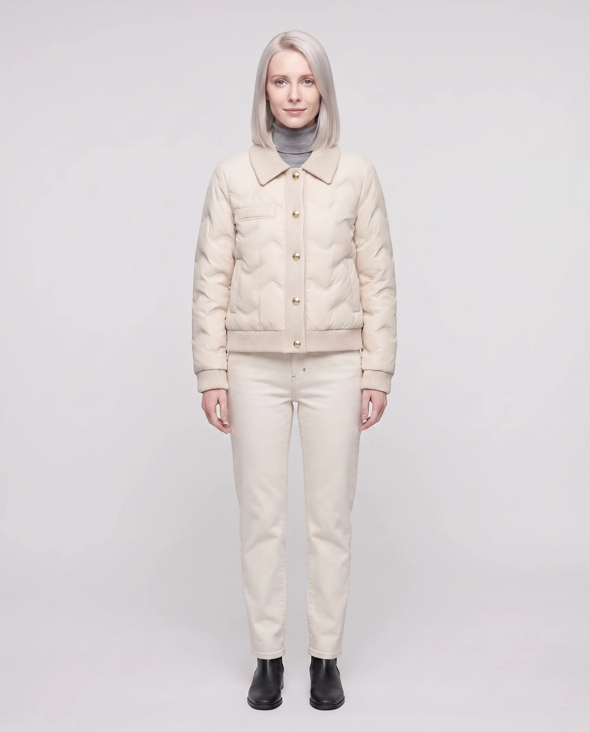 Veste matelassée courte col tricot Lucie en Crème, plan rapproché de face, col tricot rabattu
