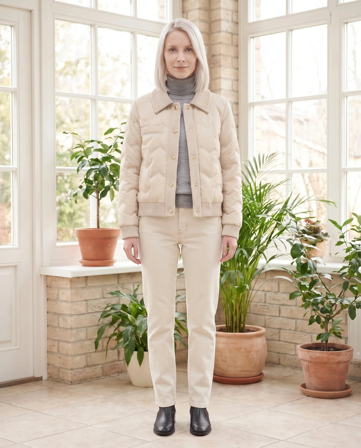 Veste matelassée courte col tricot Lucie en Crème, portée dans une véranda lumineuse