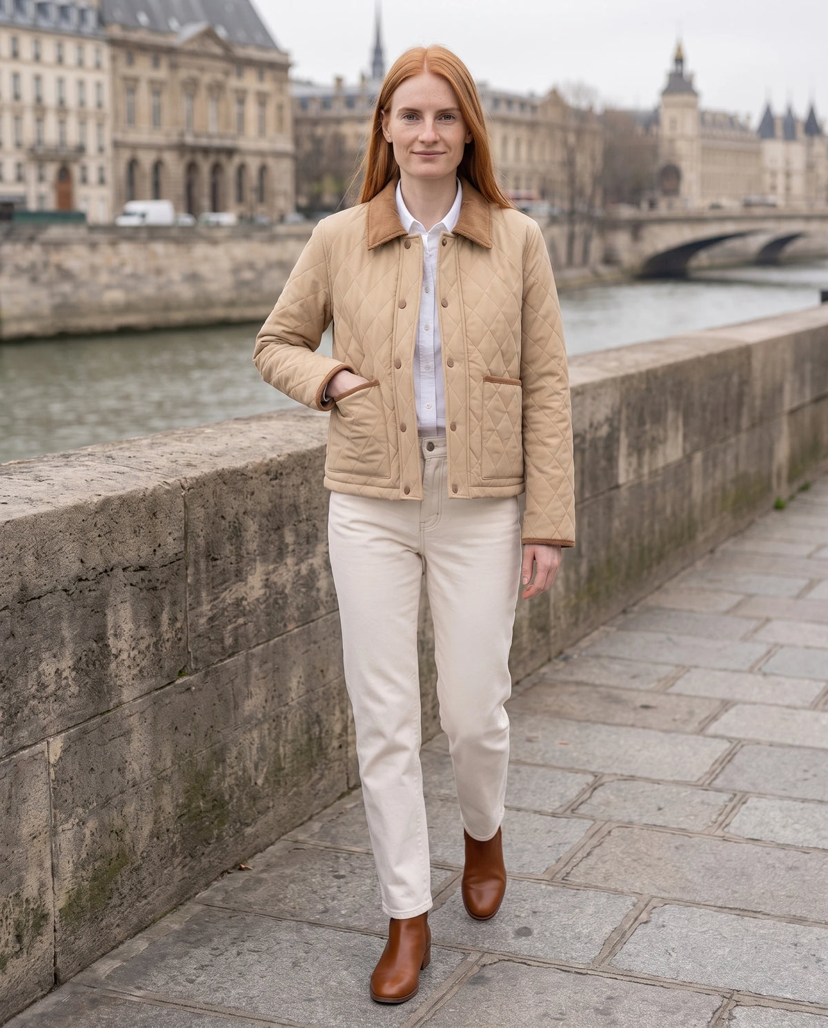 Veste matelassée courte à col velours côtelé Selma en Beige, portée sur le quai de pierre d'un fleuve en ville