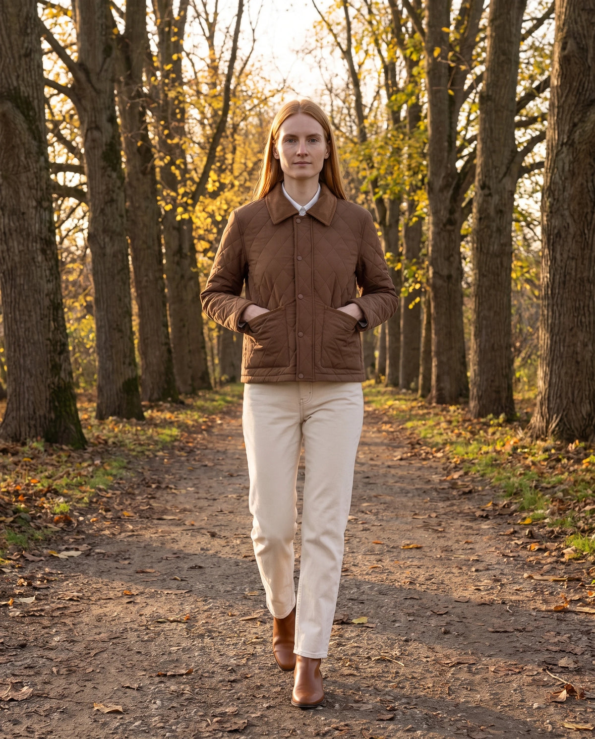 Veste matelassée courte à col velours côtelé Selma en Chocolat, portée dans une allée de noyers en fin d'automne