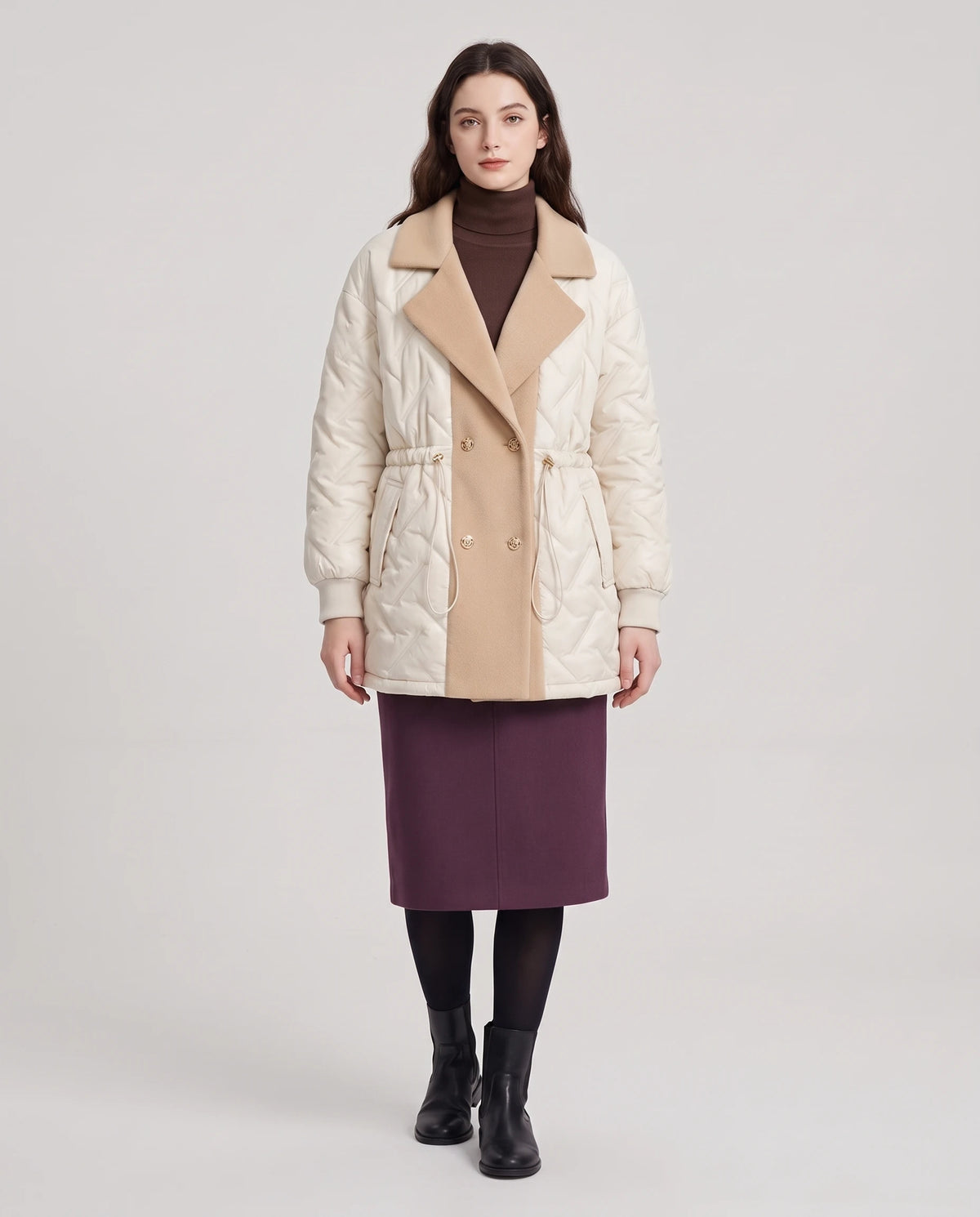 Veste matelassée mi-longue à grand col tailleur Géraldine en Écru, cordon de taille relâché, ligne droite