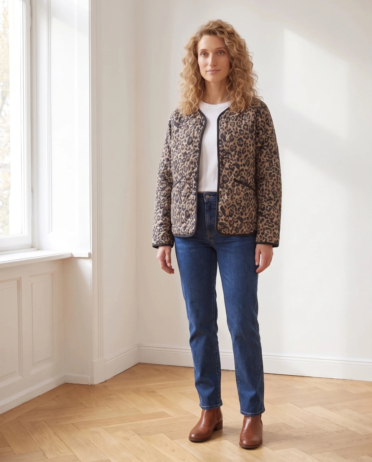 Gesteppte Jacke mit Leopardenmuster Fleur in Leopard, getragen in einem Wohnzimmer mit weissen Wänden und hellem Parkett