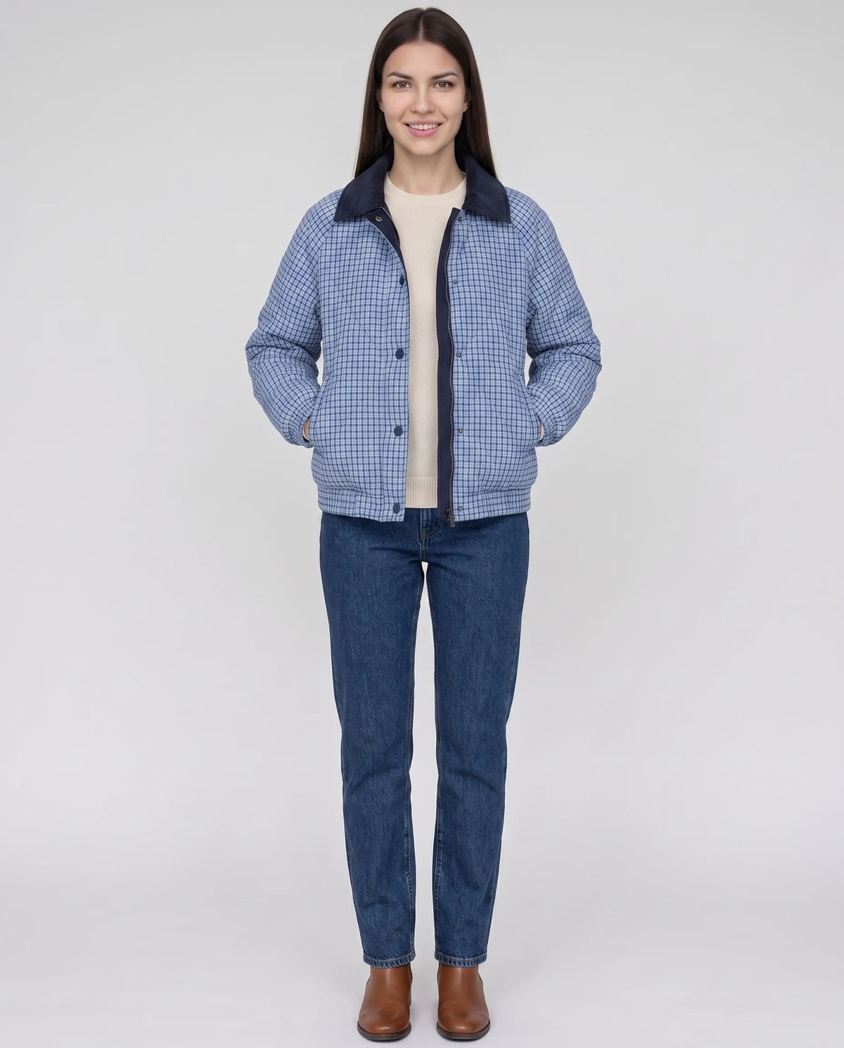 Veste matelassée réversible vichy Rosa en Bleu Marine, vue de face en pied, face vichy
