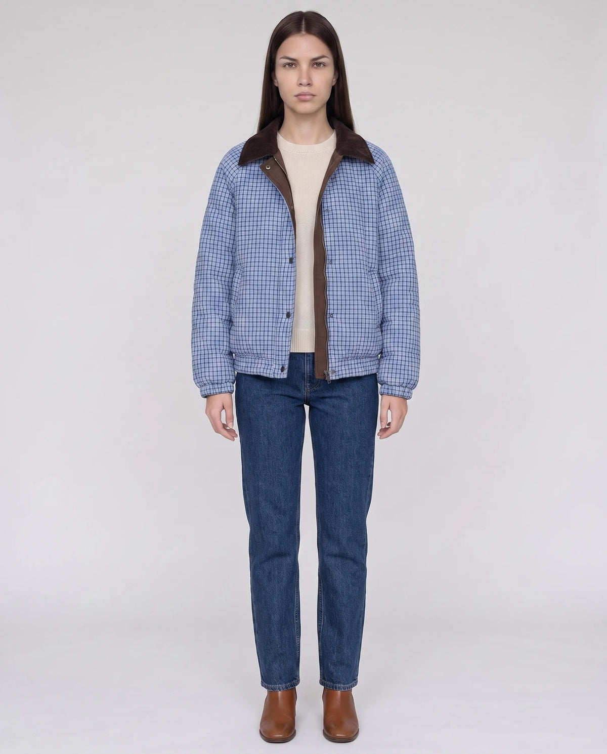 Veste matelassée réversible vichy Rosa en Marron, vue de face en pied, face vichy