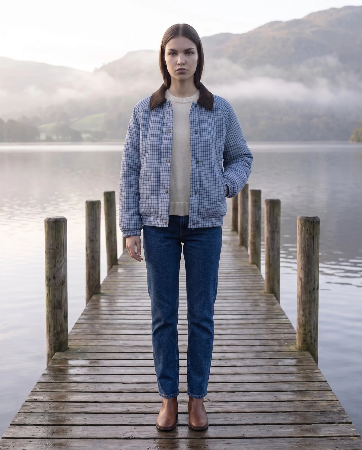 Veste matelassée réversible vichy Rosa en Marron, portée sur un ponton de lac en bois, face vichy