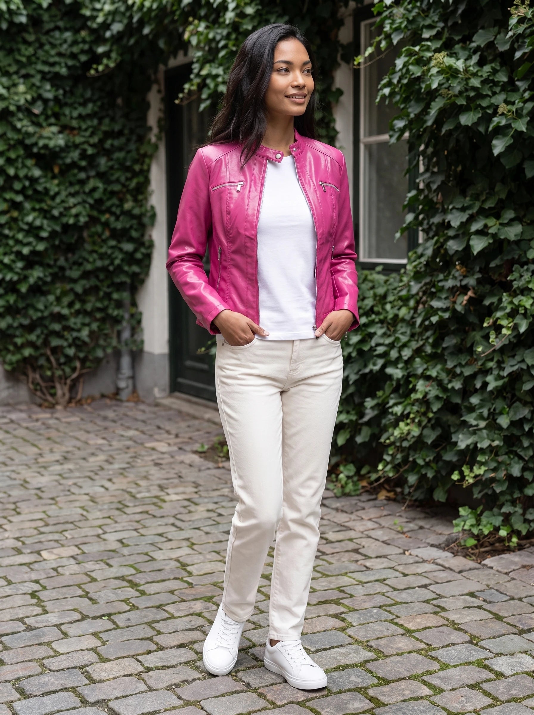 Veste motard en simili verni fuchsia Firmine, portée dans une cour aux murs de lierre