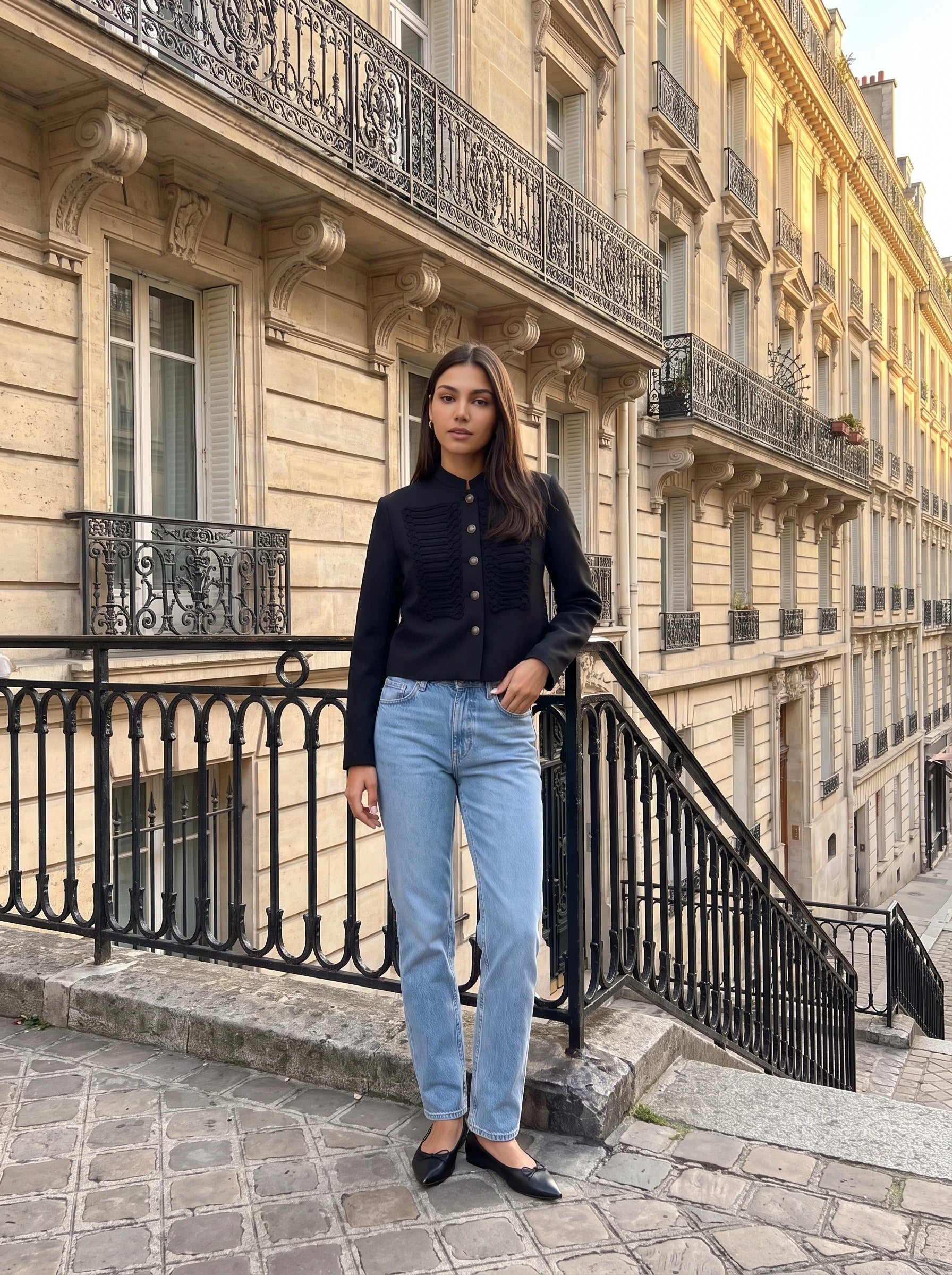 Veste Napoléon noire Céphise, portée dans une rue haussmannienne au matin