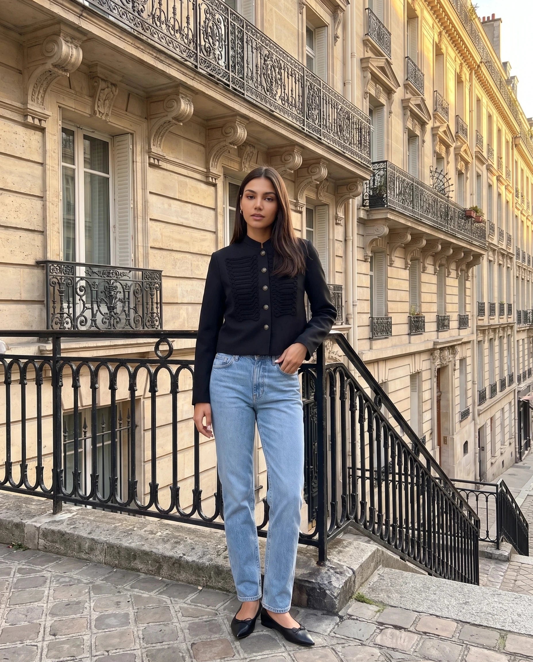Veste Napoléon noire Céphise, portée dans une rue haussmannienne au matin
