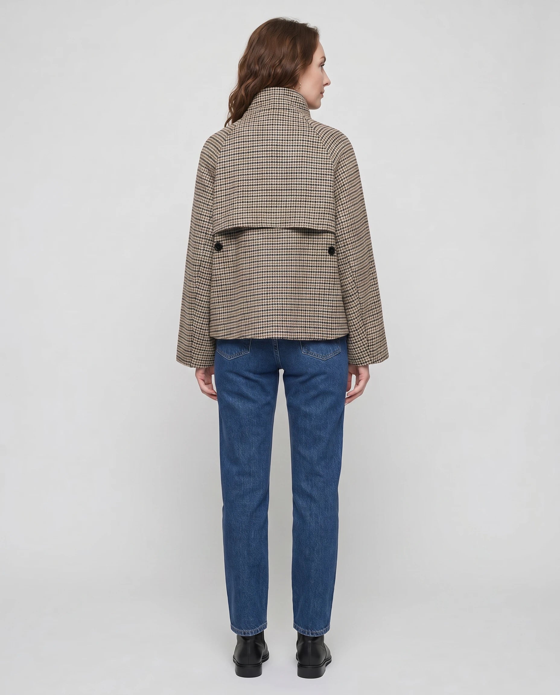 Veste courte pied-de-poule Élise — vue de dos, empiècement boutonné — coloris pied-de-poule