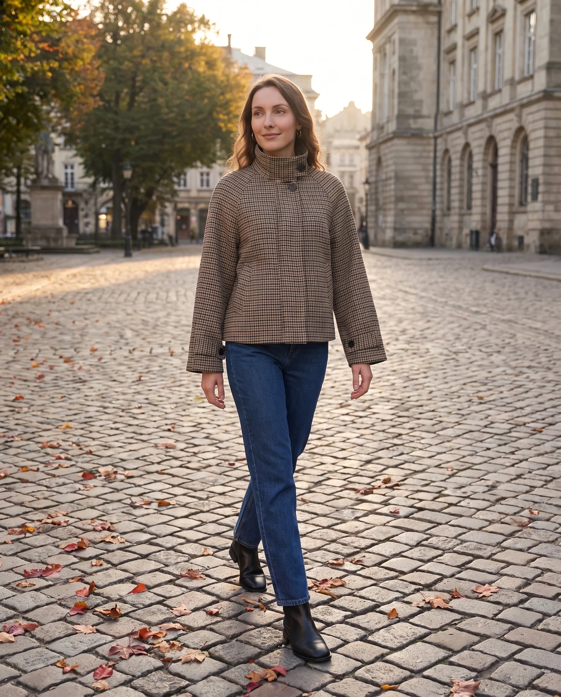 Veste courte pied-de-poule Élise — portée sur une place pavée à l’automne — coloris pied-de-poule
