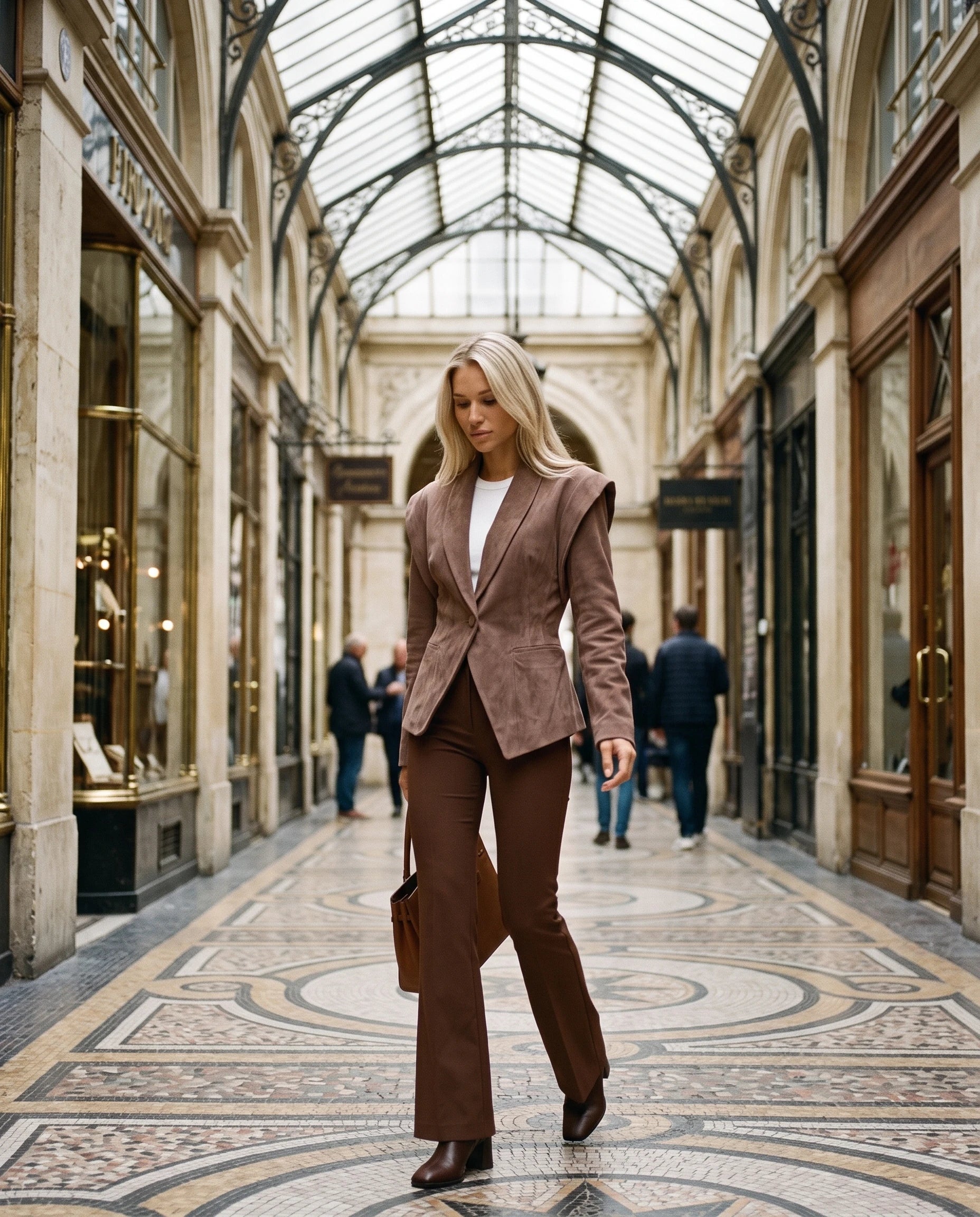 Veste en suédine cintrée café Adeline, sous une galerie couverte vitrée