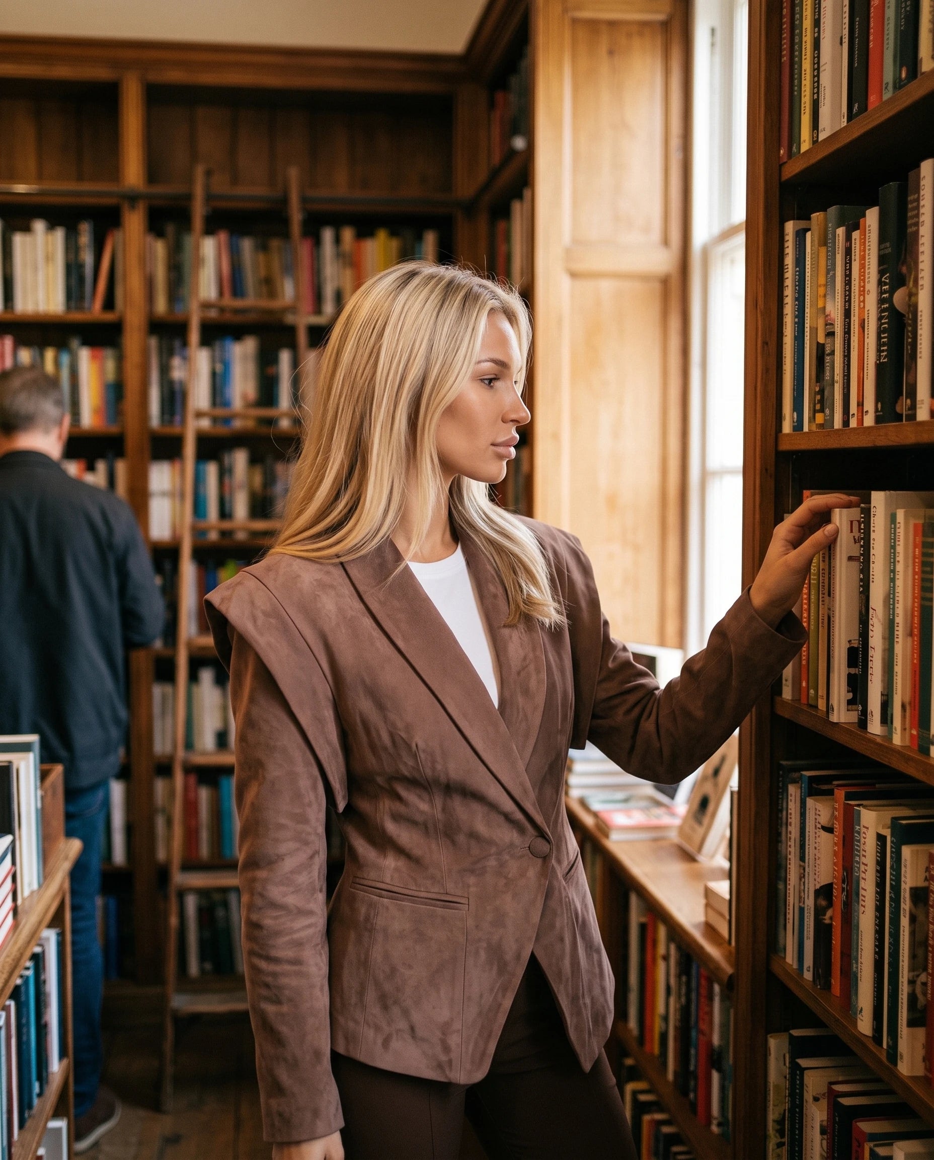 Veste en suédine cintrée café Adeline, dans une librairie aux boiseries chaleureuses
