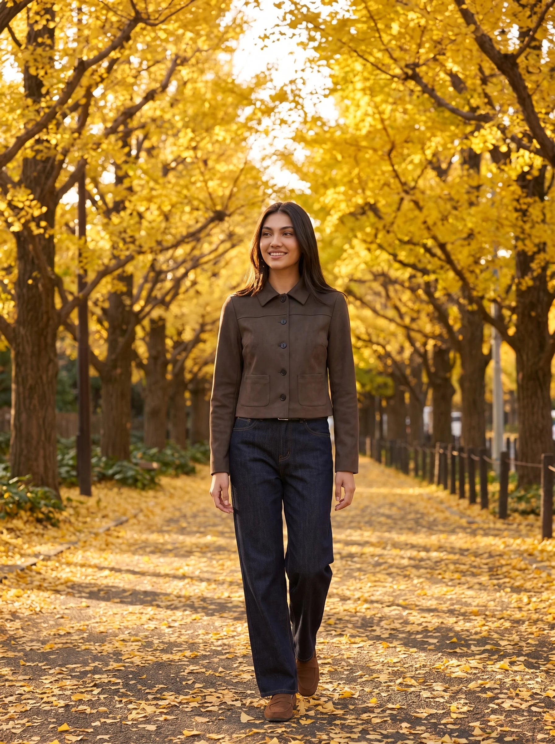Veste en suédine brun cacao Pélagie, portée dans une allée de ginkgos dorés