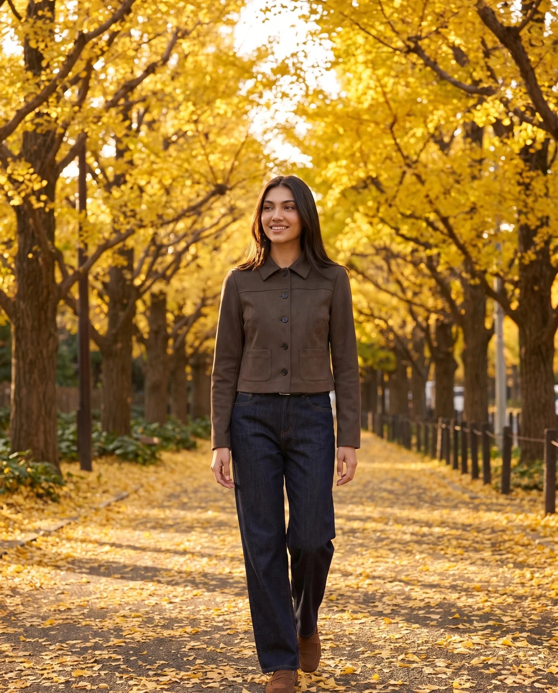 Veste en suédine brun cacao Pélagie, portée dans une allée de ginkgos dorés