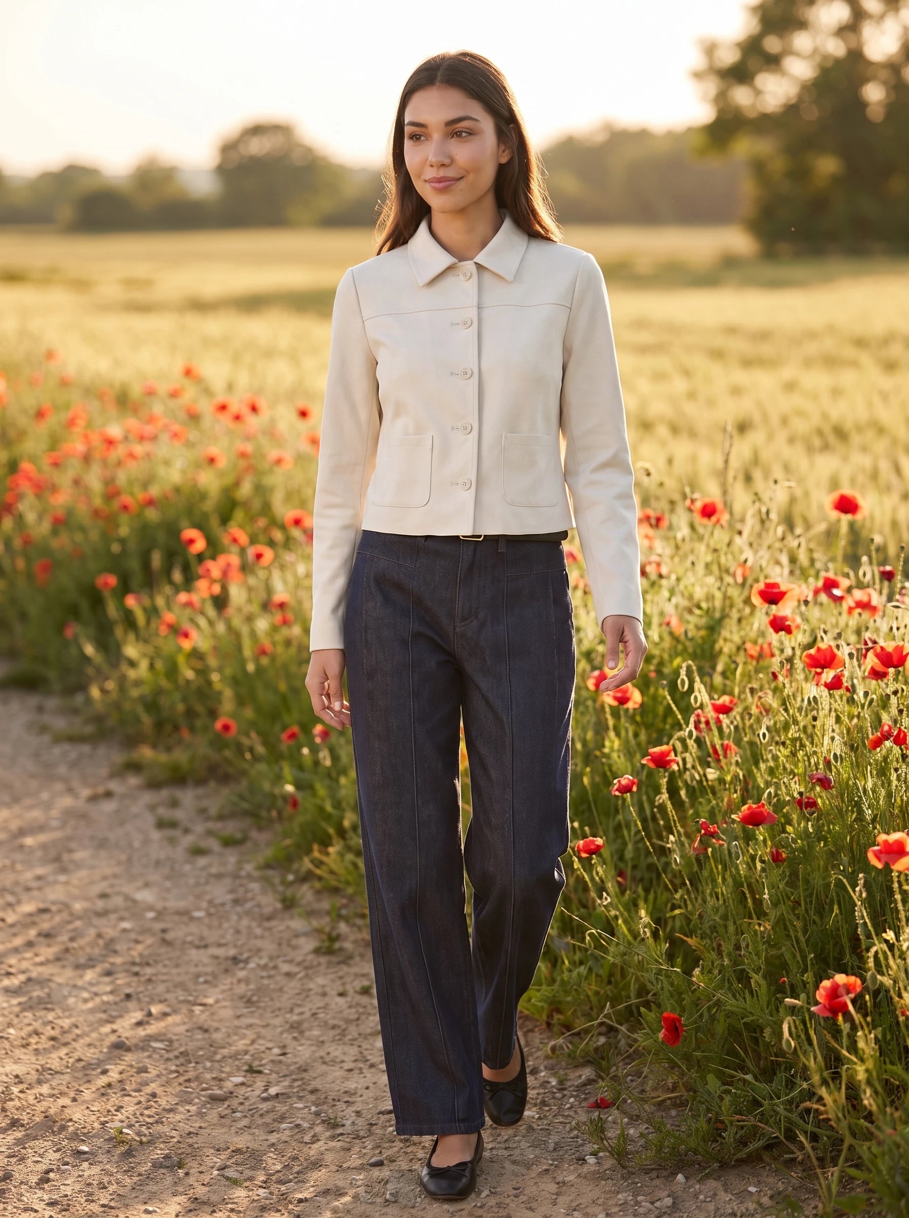 Veste en suédine crème Pélagie, portée le long d'un champ de coquelicots