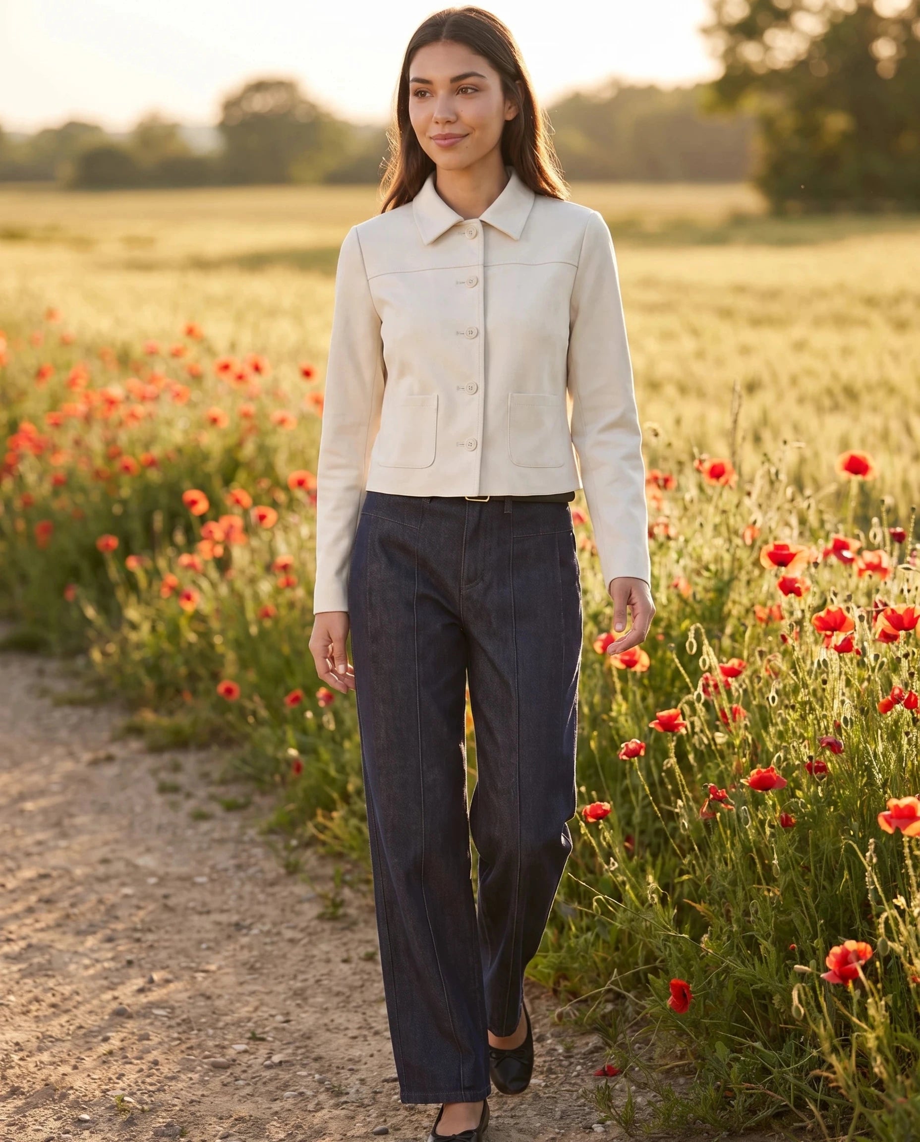 Veste en suédine crème Pélagie, portée le long d'un champ de coquelicots