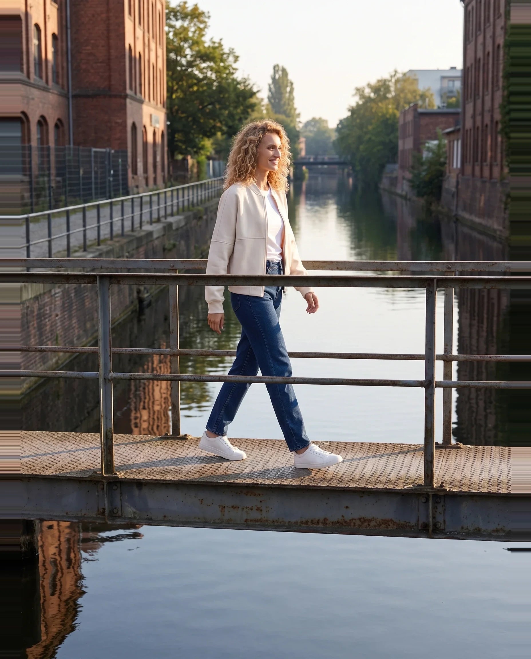 Bomber en molleton beige Denise, porté sur une passerelle au-dessus d'un canal