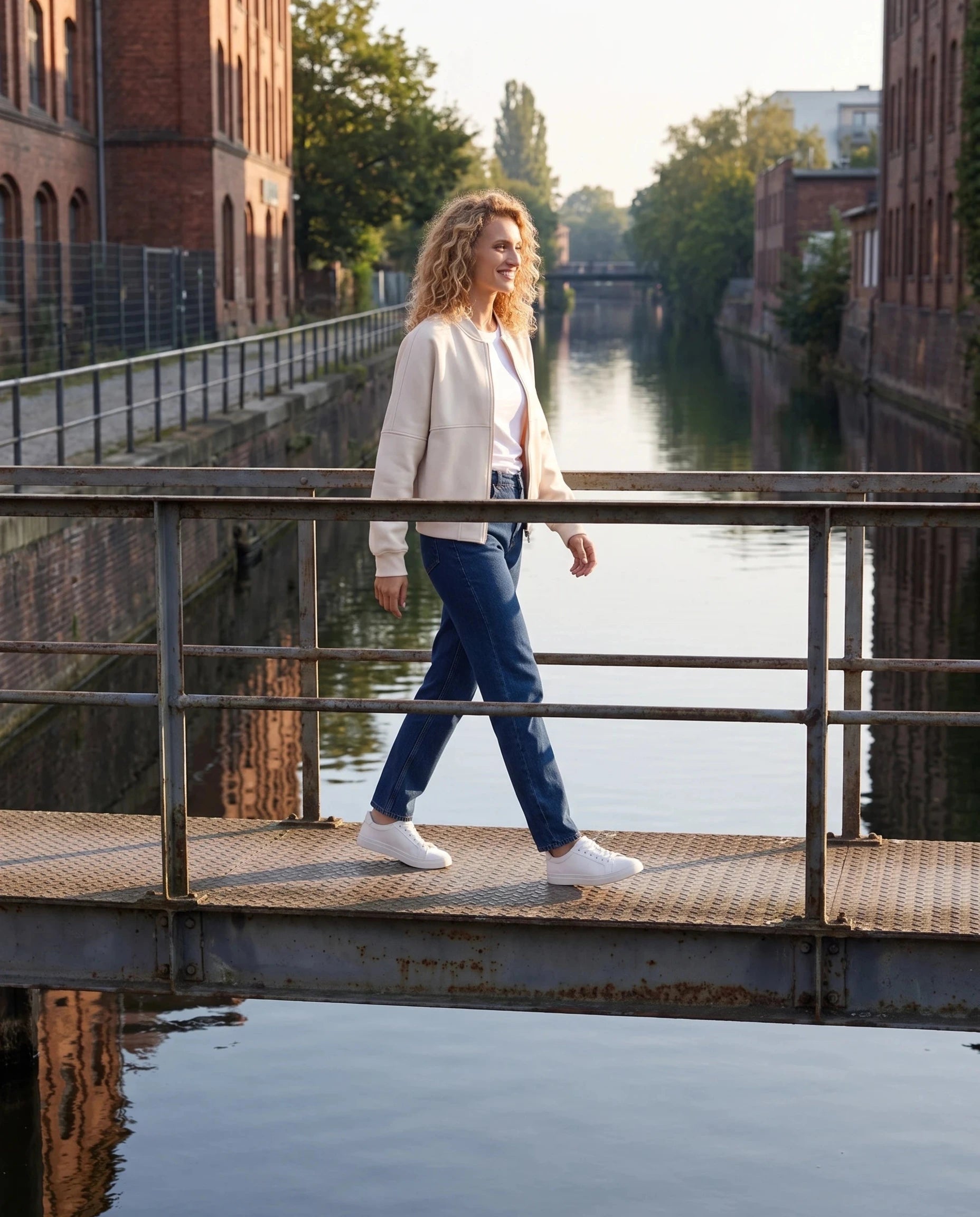Bomber en molleton beige Denise, porté sur une passerelle au-dessus d'un canal