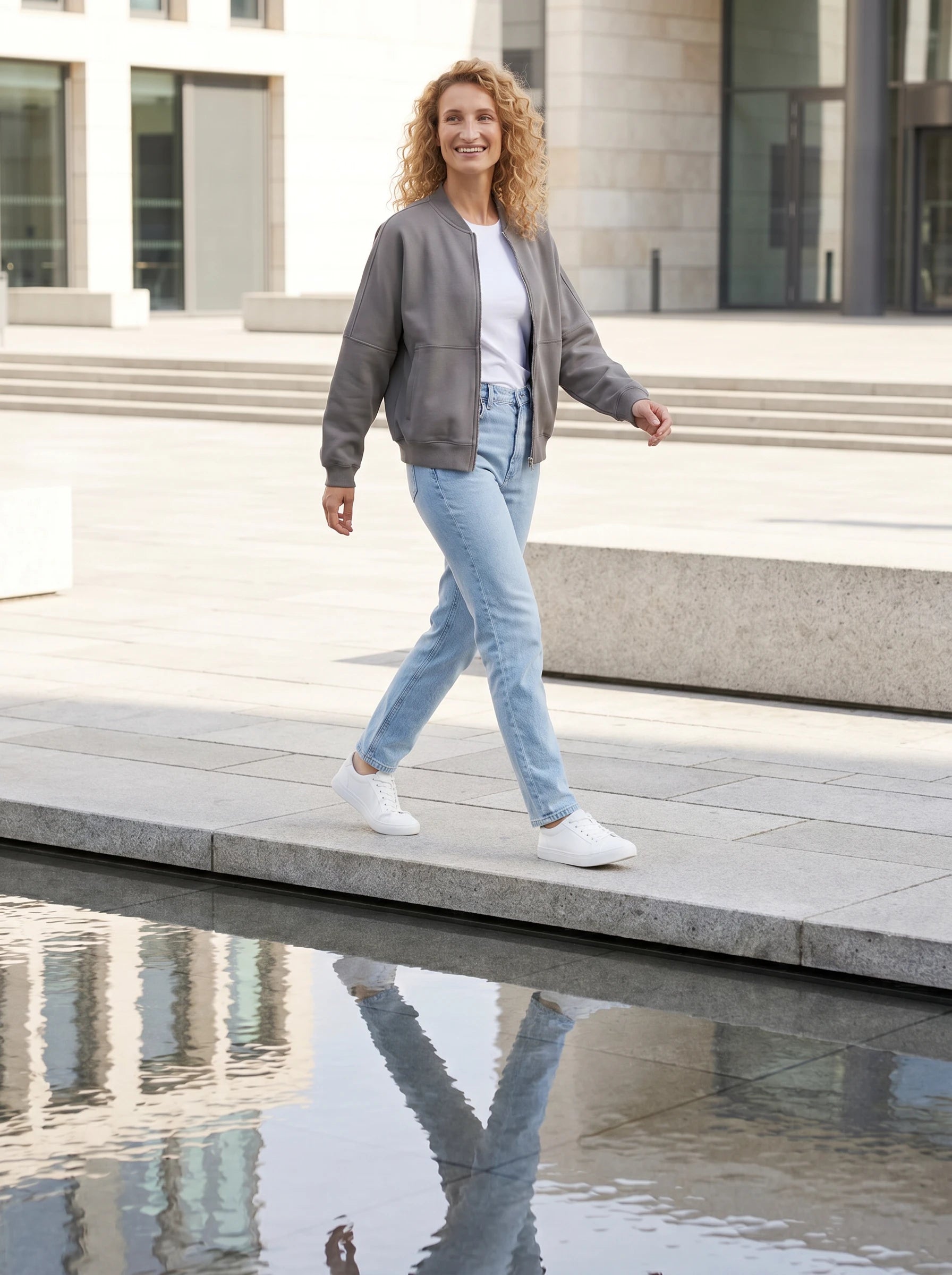 Bomber en molleton gris Denise, porté sur un parvis au miroir d'eau